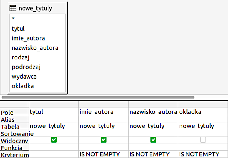ilustracja przedstawia projekt kwerendy kw_nowe_tytuly w programie LO Base. W górnej części ilustracji jest sekcja nazwana: nowe_tytuly. Tu lista: tytul, imie_autora, nazwisko_autora, rodzaj, podrodzaj, wydawca, okladka. Poniżej tabela. Ma nagłówki: tytul, imie autora, nazwisko autora, okladka. W komórkach po lewej stronie kolejno: Pole, Alias, Tabela, Sortowanie, Widoczny, Funkcja, Kryterium. W komórkach kolumn dotyczących Tabeli wpisano nowe tytuly, w opcji Widoczny są zielone kwadraty z haczykami, wyjątek stanowi kolumna "okladka". W komórce imie autora - Kryterium, nazwisko autora - kryterium, okladka - kryterium wpisano IS NOT EMPTY.   