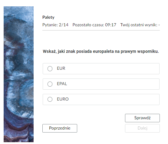 Grafika przedstawia widok na jedno z zadań testu samosprawdzającego. W górnej części znajduje się pasek nawigacyjny testu z informacjami: “Pytanie: drugie z czternastu; pozostało czasu: dziewięć minut i siedemnaście sekund; twój ostatni wynik - brak informacji”. Poniżej jest ćwiczenie. Pogrubioną czcionką zapisane jest polecenie: “Wskaż, jaki znak posiada europaleta na prawym wsporniku”. Pod poleceniem znajdują się w kolejnych wierszach możliwe odpowiedzi: “EUR, EPAL, EURO”. Poniżej, w prawym dolnym rogu znajduje się prostokątny przycisk z tekstem "Sprawdź". Pod nią kolejny przycisk z tekstem: "Dalej". W lewym, dolnym rogu przycisk z tekstem: “Poprzednie”.