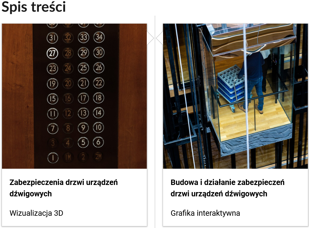 Grafika przedstawia dwa kafelki ze spisu treści. Są umiejscowione obok siebie. Pierwszy od lewej: Zdjęcie okładkowe, poniżej napis: Zabezpieczenia drzwi urządzeń dźwigowych. Niżej napis: Wizualizacje 3D. Drugi: zdjęcie okładkowe, poniżej tytuł: Budowa i działanie zabezpieczeń drzwi urządzeń dźwigowych. Niżej: Grafika interaktywna.