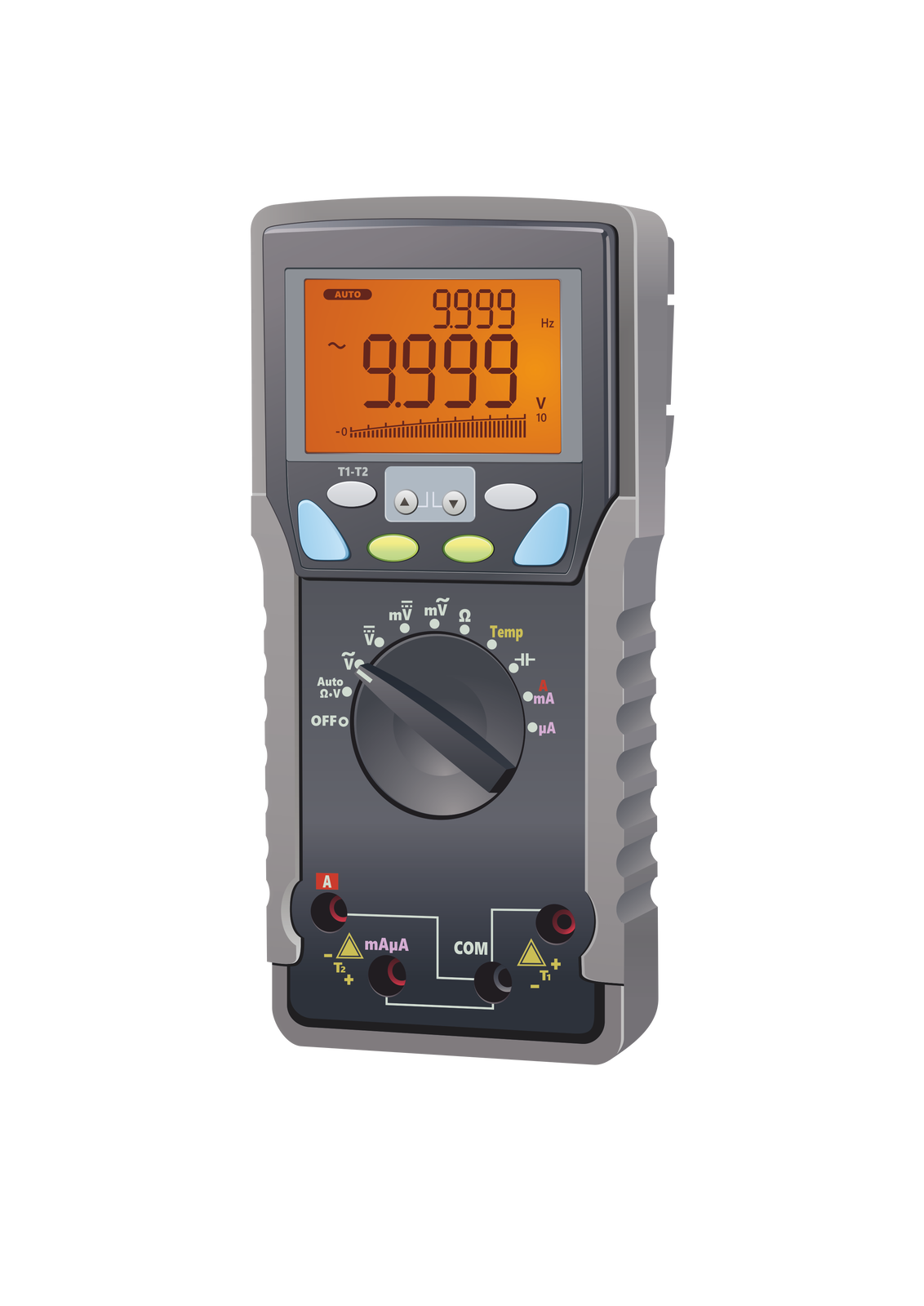 Grafika prezentuje miernik uniwersalny. Urządzenie ma kształt prostopadłościanu .W górnej części znajduje się ekran wyświetlacza, poniżej przyciski manualne. Pośrodku korpusu pokrętło z opisem funkcji. W dolnej części cztery otwory. Dwa z nich biegun plus i biegun minus, oznaczone znakiem żółtego trójkąta.