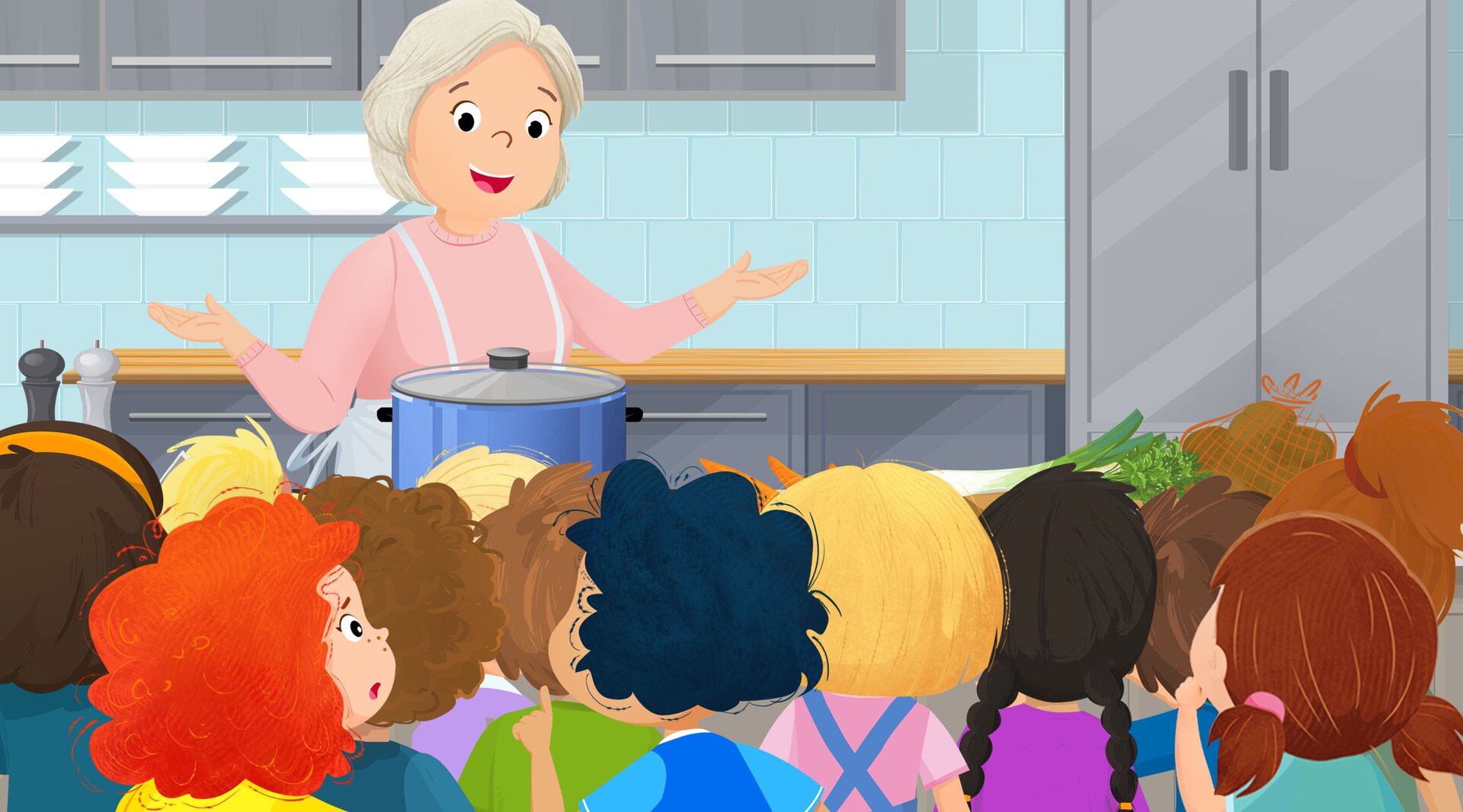 Na obrazku widoczna jest scena gotowania zupy. Starsza pani jest za kuchennym blatem, a na kuchence stoi garnek. Obok znajdują się przygotowane warzywa, deska i nóż do krojenia. Pani zwraca się do dzieci