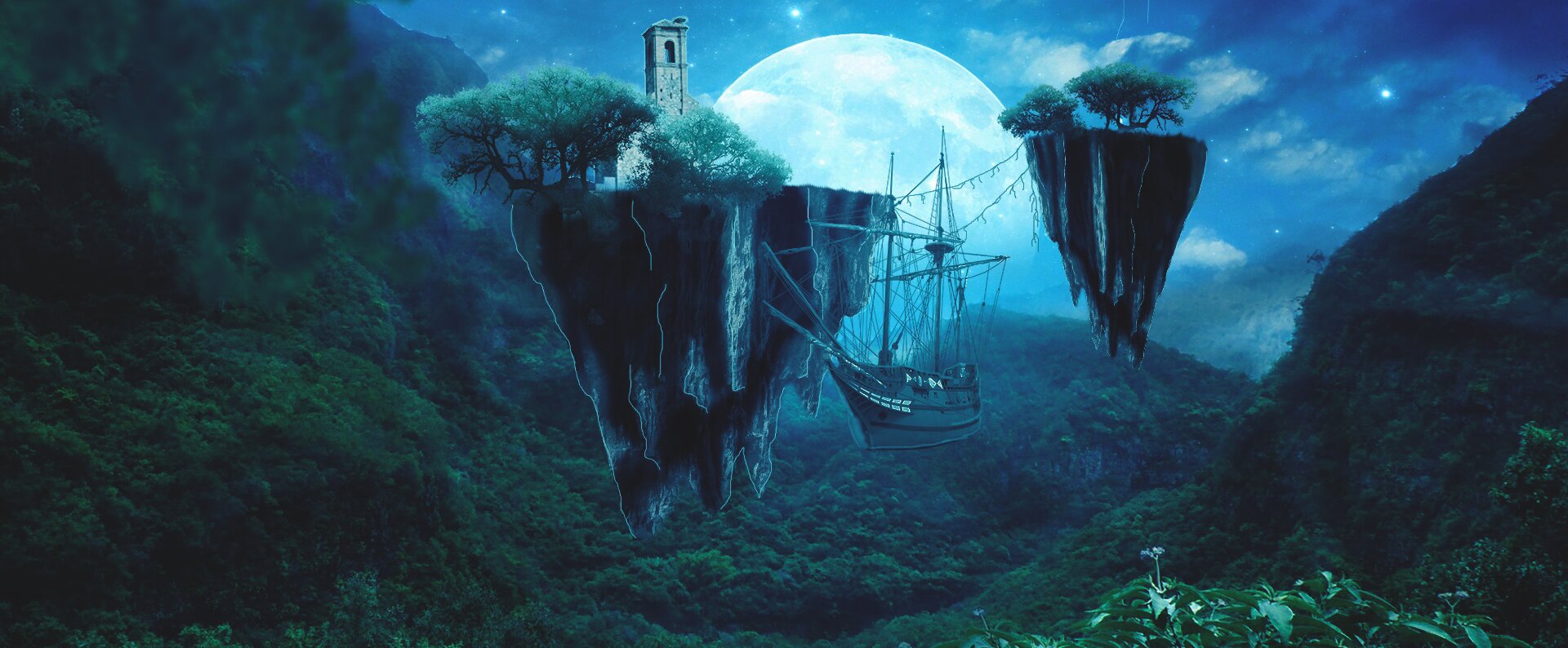 Kliknij, aby powiększyć Obraz przedstawia górski, zalesiony krajobraz w nocy. Noc jest rozświetlona księżycowym światłem. Nad zalesioną doliną, między górami unoszą się dwie, jakby wyrwane z ziemi, skały. Na wierzchu są równe, rosną na nich drzewa. Nie opierają się na ziemi, tylko unoszą się w powietrzu. Spody są ostro zakończone. Na jednej skale wśród drzew stoi murowana wieża z zegarem i oknem zakończonym łukiem. Pomiędzy skałami, w powietrzu, wisi statek ze zwiniętymi żaglami. W tle na niebie świecie srebrnym blaskiem ogromny księżyc w pełni.