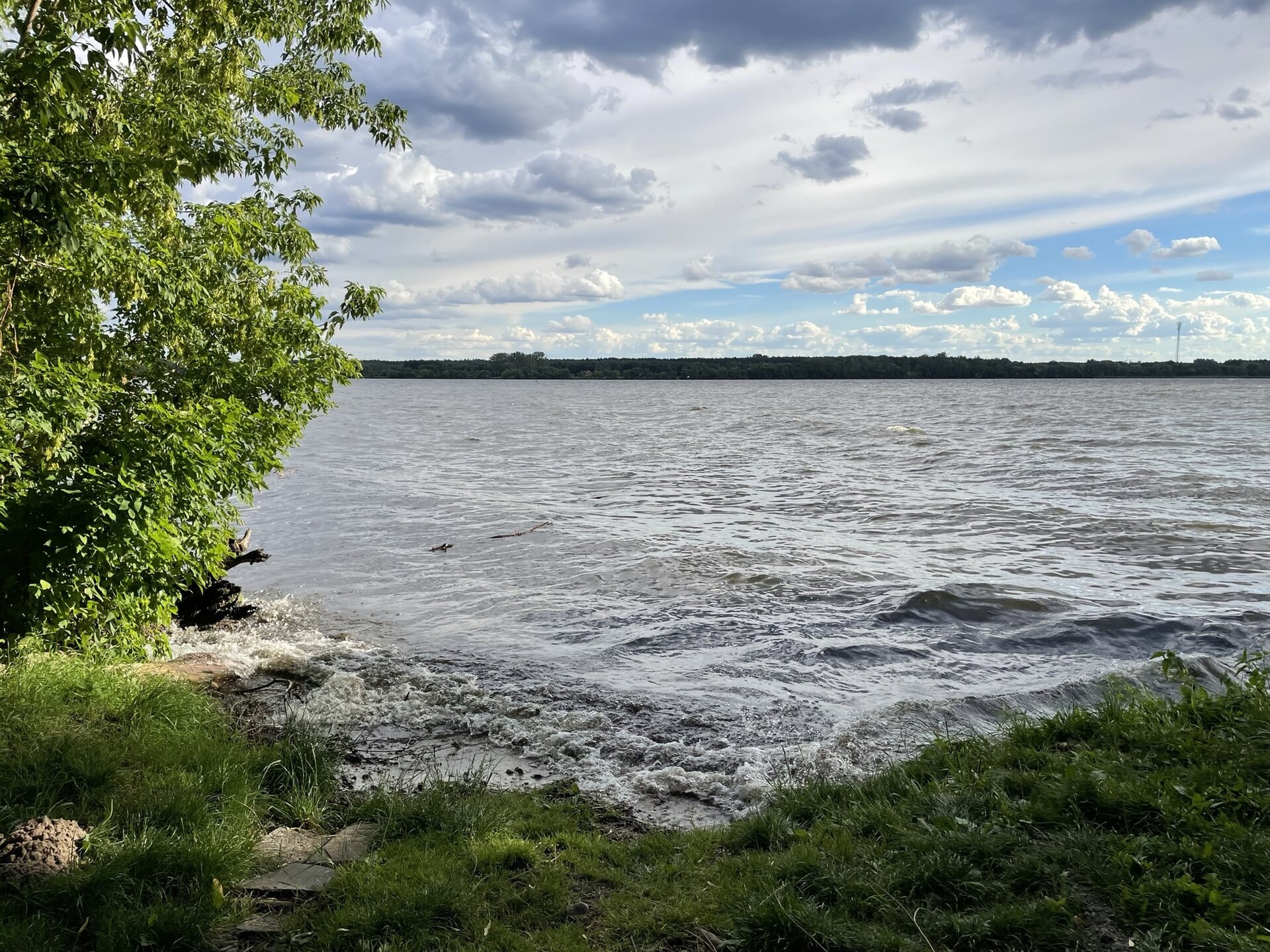 Fotografia przedstawia szeroką rzekę. Po lewej stronie fragment brzegu, na którym są drzewa. W oddali drugi brzeg. Na niebie kłębiaste chmury.
