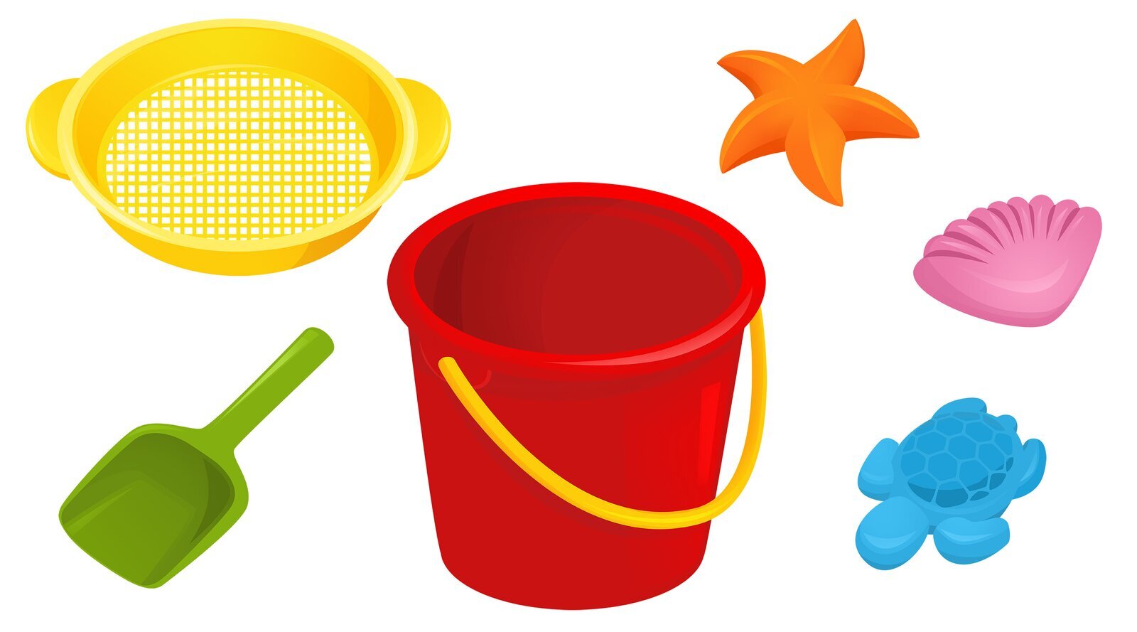 Ilustracja przedstawia łopatkę, sitko, wiaderko i foremki.