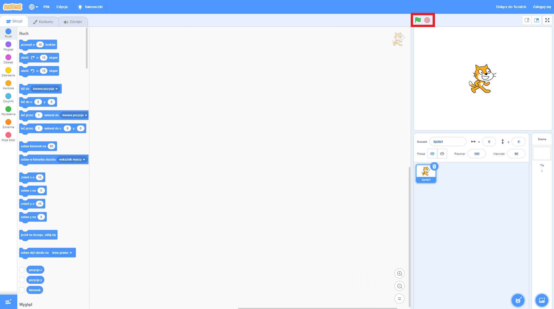 Zrzut okna środowiska Scratch z zaznaczonymi po prawej stronie na górze, tuż ponad sceną przyciskami odpowiedzialnymi za rozpoczynanie i przerywanie skryptów. Dzięki nim możesz rozpoczynać i przerywać skrypty.