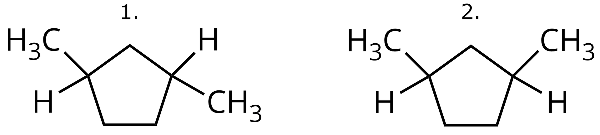 Ilustracja przedstawiająca dwie struktury 1,3-dimetylocyklopentanu. W przybliżeniu w obu cząsteczkach pierścień znajduje się w płaszczyźnie monitora. W pierwszej strukturze jedna z grup metylowych znajduje się za płaszczyzną a druga przed. W drugiej cząsteczce grupy metylowe znajdują się po tej samej stronie płaszczyzny.