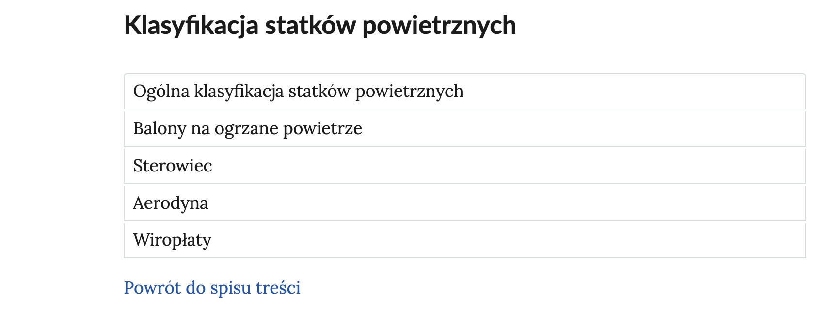 Zrzut ekranu przedstawia przykładowy wygląd atlasu interaktywnego. Widoczny jest na nim tytuł sekcji Klasyfikacja statków powietrznych oraz pięć zakładek. Na dole znajduje się przycisk powrotu do spisu treści.