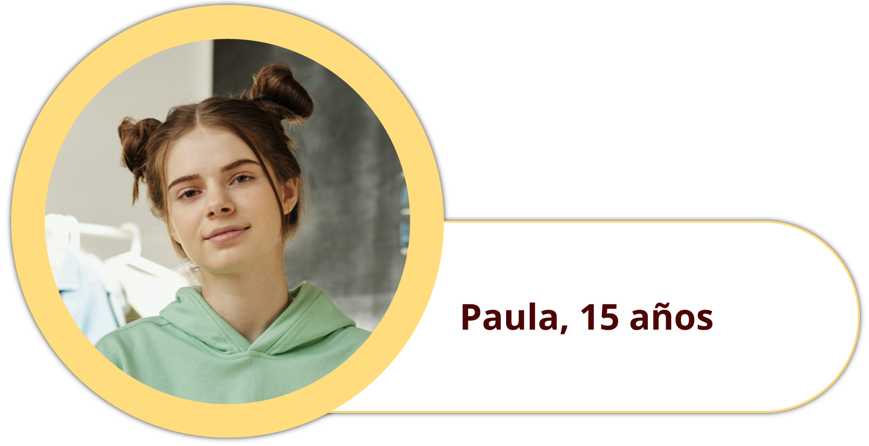 Ilustracja przedstawia zdjęcie dziewczynki w bluzie z dwoma kokami. Podpis: Paula, 15 años.