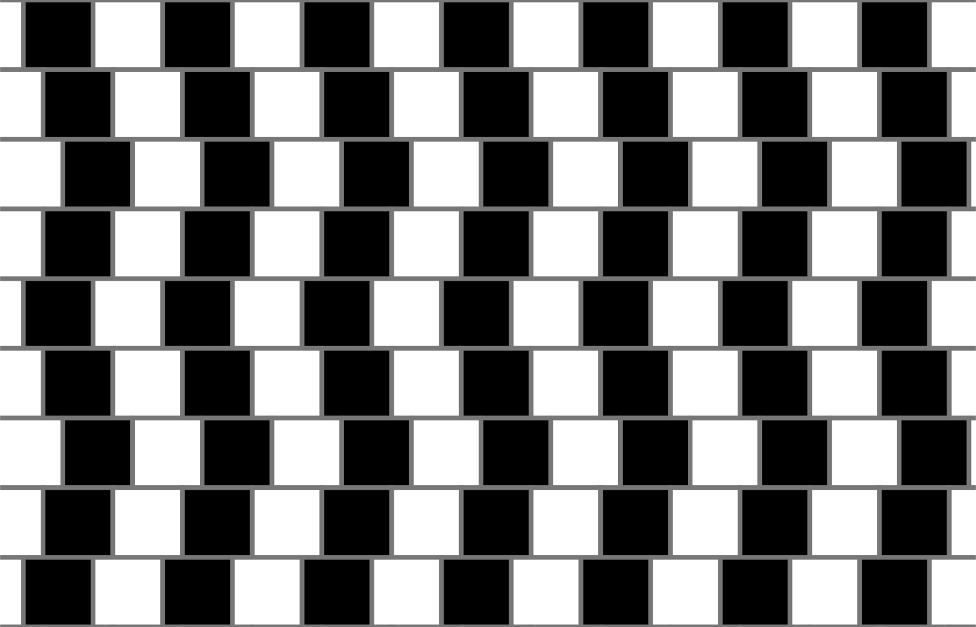 Ilustracja przedstawia poziome pasy zbudowane naprzemiennie z białych i czarnych kwadratów. Pasy przylegają do siebie. Kwadraty w kolejnych pasach, rzędach są nieznacznie względem siebie przesunięte.   