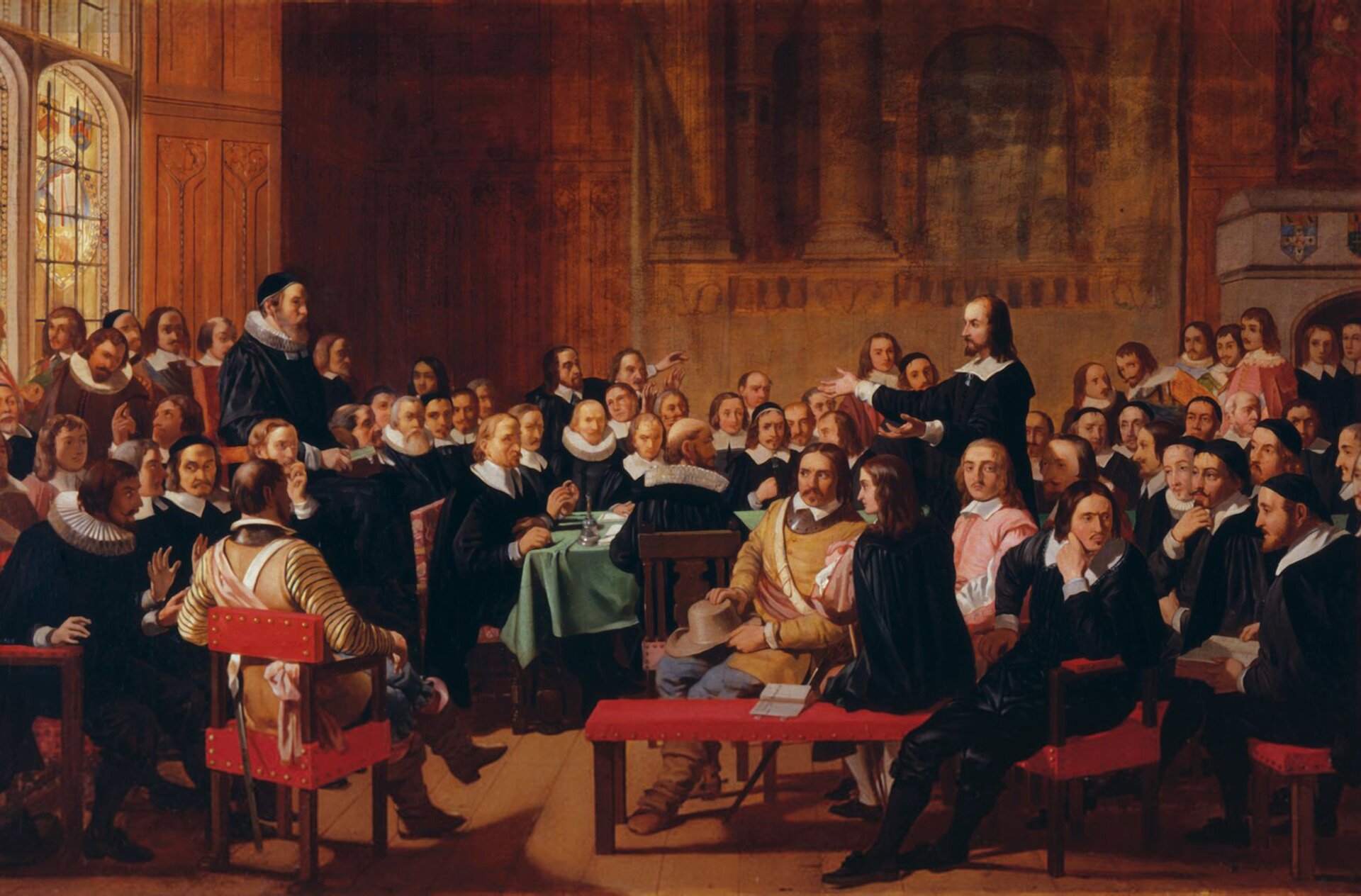Ilustracja przedstawia grupę dyskutujących ze sobą mężczyzn w wysokiej sali. Większość jest ubrana w czarne stroje z szerokimi, białymi kołnierzami.