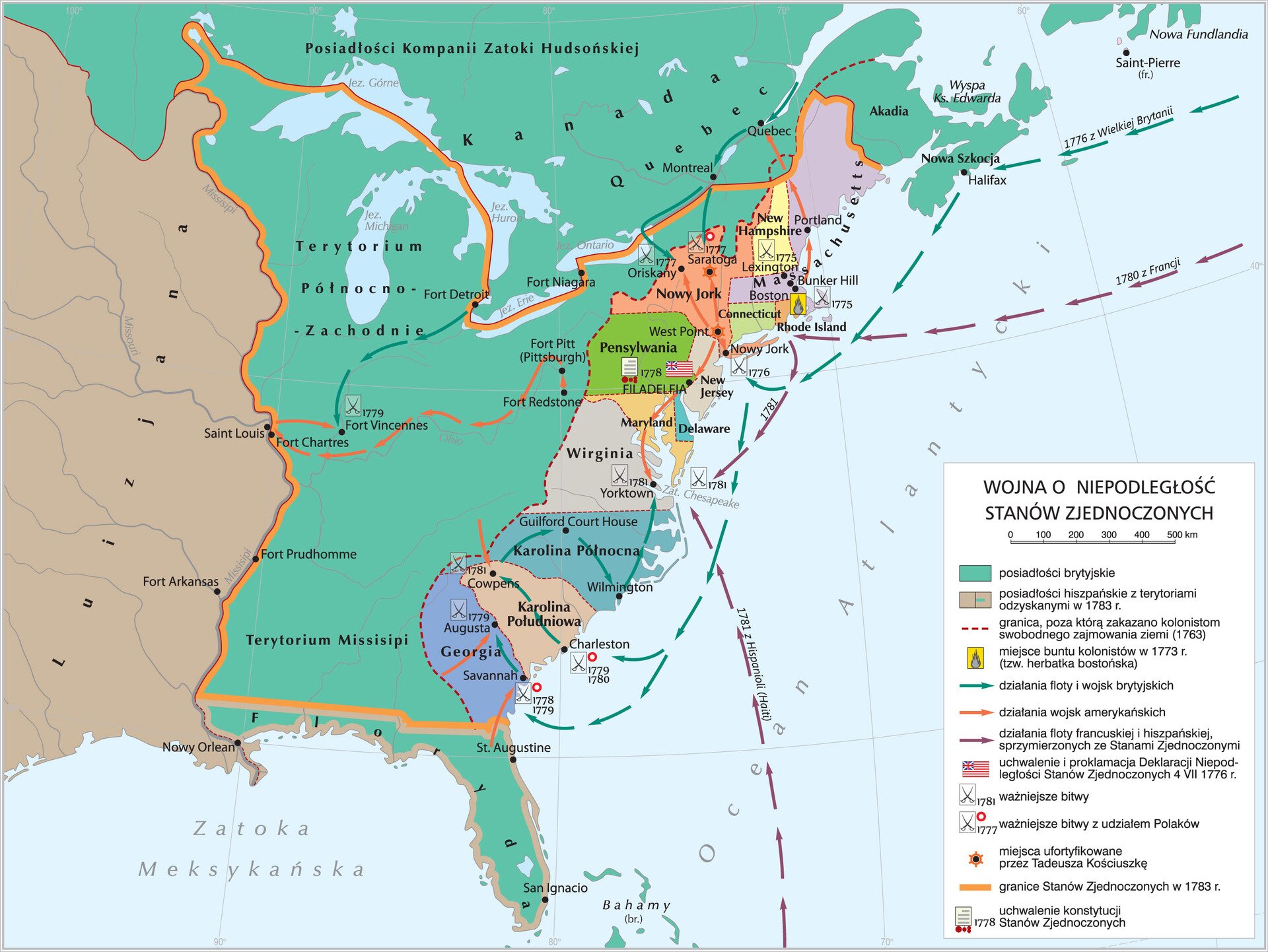Grafika mapy przedstawiającej wojnę o niepodległość Stanów Zjednoczonych.