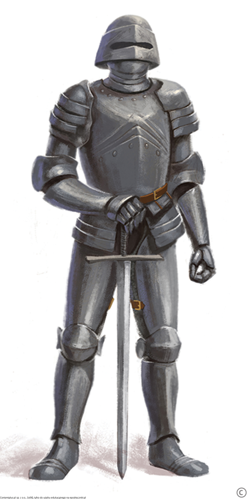 Rycerz w szarej zbroi stoi trzymając rękę na mieczu, którego czubek opiera się na ziemi. Wszystkie części ciała rycerza są osłonięte metalowymi blachami.
