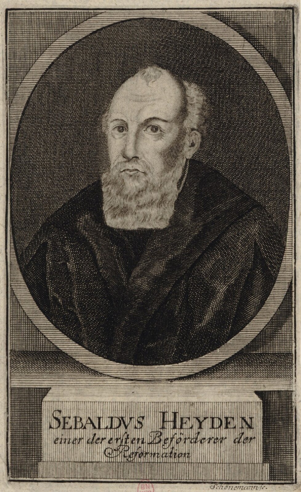 Ilustracja przedstawia wizerunek Sebaldysa Heydena. Mężczyzna ma poważny wyraz twarzy, na długą brodę i delikatny wąs. Jest lekko łysiejący ku górze, po bokach znajdują się włosy. Ubrany jest w ciemny płaszcz.