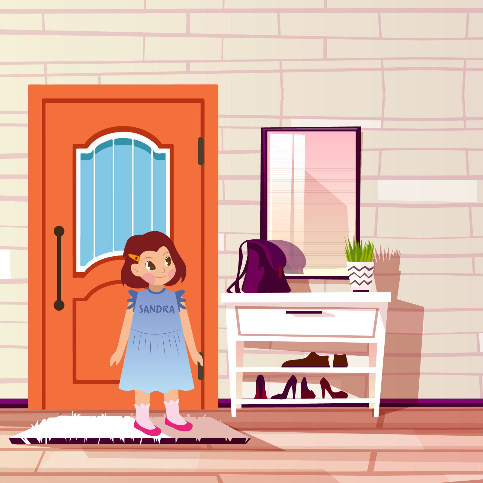 Ilustracja przedstawia Sandrę, która stoi w przedpokoju przy drzwiach. Widoczne jest lustro oraz szafka na buty. 
