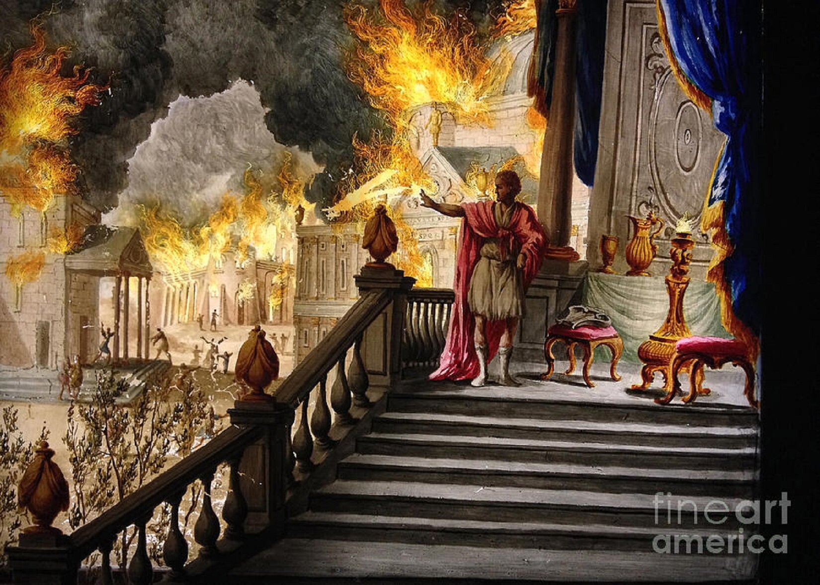Ilustracja przedstawia obraz „The Emperor Nero Contemplating The Fire Of Rome” (tłumaczenie: „Cesarz Neron przyglądający się wielkiemu pożarowi Rzymu”). Po prawej stronie znajdują się szare schody z ozdobną balustradą. Na górze stoi mężczyzna w białej szacie i butach oraz w czerwonej pelerynie. Obok niego stoją dwa złote taborety z czerwonym siedziskiem oraz złote wazy. Po lewej stronie obrazu znajduje się zabudowa miejska, która się pali. Między budynkami jest kilka postaci. Nad pożarem kłębią się szare chmury dymu. 
