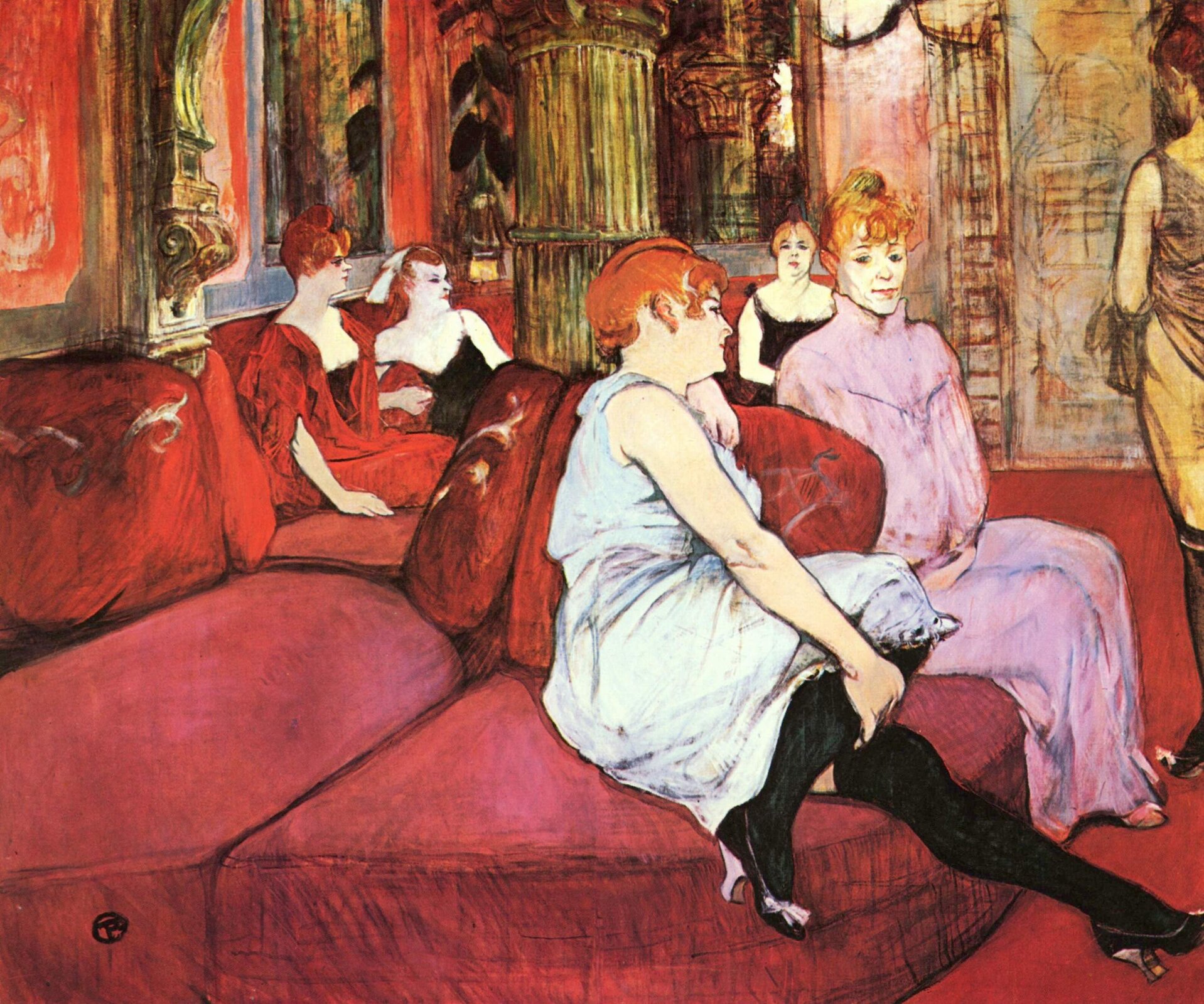 W salonie przy rue des Moulins Źródło: Henri de Toulouse-Lautrec, W salonie przy rue des Moulins , 1894, olej na płótnie, Musée Toulouse-Lautrec, domena publiczna.