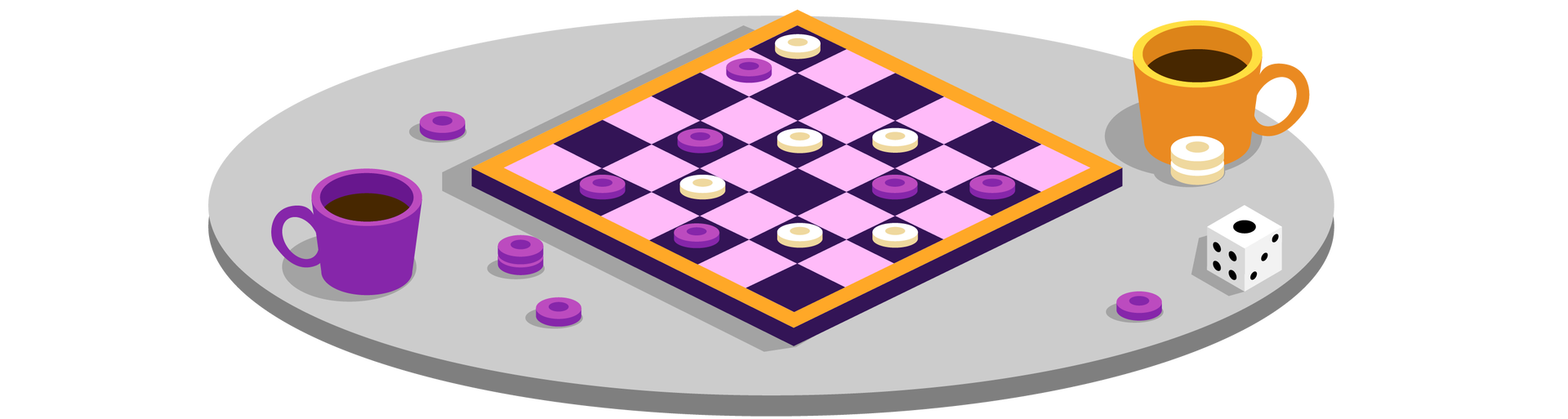 Ilustracja przedstawia blat okrągłego, szarego stołu. Na środku blatu leży kwadratowa plansza do gry w warcaby, składająca się z różowych i ciemnofioletowych kwadratowych pól. Na niektórych polach znajdują się białe lub fioletowe pionki. Kilka pionków leży również w kilku miejscach obok planszy. Po prawej stronie widać biało‑czarną kostkę do gry, a nieco wyżej żółty kubek z ciemnym napojem. Drugi, fioletowy kubek z napojem, stoi po lewej stronie blatu.
