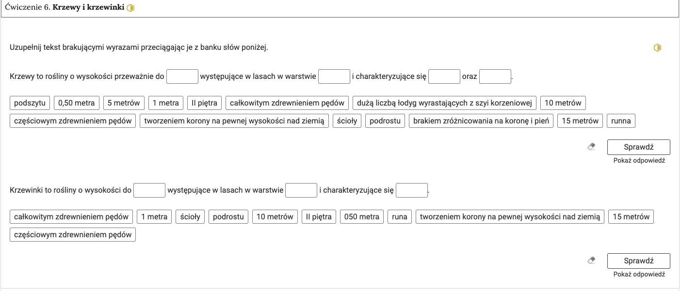 Grafika przedstawia przykładowe ćwiczenie w harmonii. Zostało wybrane ćwiczenie szóste. Krzewy i krzewinki. Zadanie ma średni poziom trudności. Po wybraniu zadania pod spodem wyświetla się jego treść. W prawym dolnym rogu znajduje się prostokąt z napisem: Sprawdź, a pod nim: Pokaż odpowiedź. 