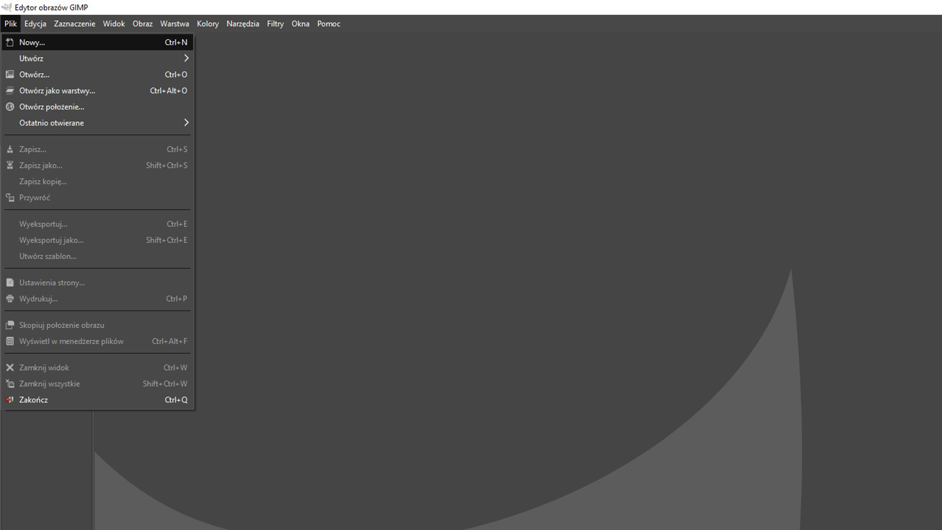 Ilustracja przedstawia okno o nazwie: Edytor obrazów GIMP. Z menu wybrano zakładkę Plik. Z listy wybrano opcję: Nowy.