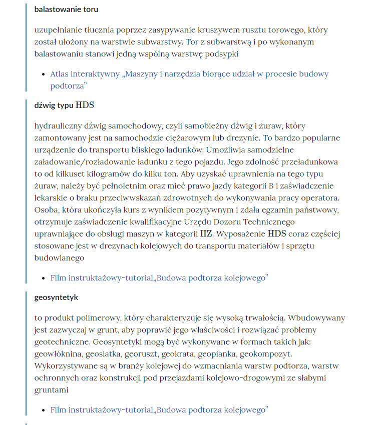 Zrzut ekranu przedstawia pojęcia ze Słownika. Konstrukcja jest następująca: pojęcie, poniżej jego wyjaśnienie, a pod nim znajduje się link, po którego kliknięciu użytkownik przenosi się do rozdziału w tym materiale, w którym dane pojęcie jest wykorzystywane. Linków może być jeden lub kilka, w zależności od tego, w ilu rozdziałach użyto pojęcia.