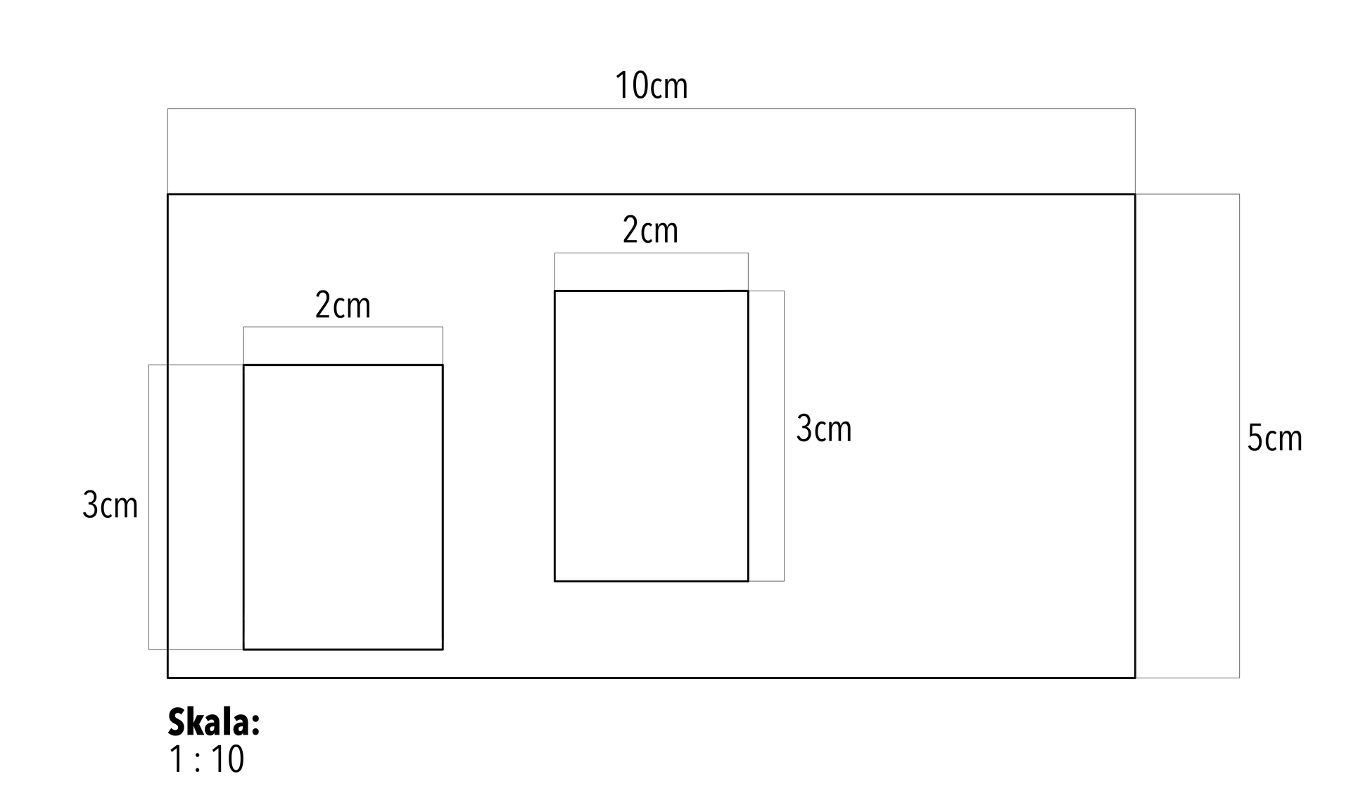 Grafika prezentuje rzut z góry na szkolną ławkę w skali 1 do 10. Biurko posiada wymiary 10 cm na 5 cm a książki 2 cm na 3 cm. 