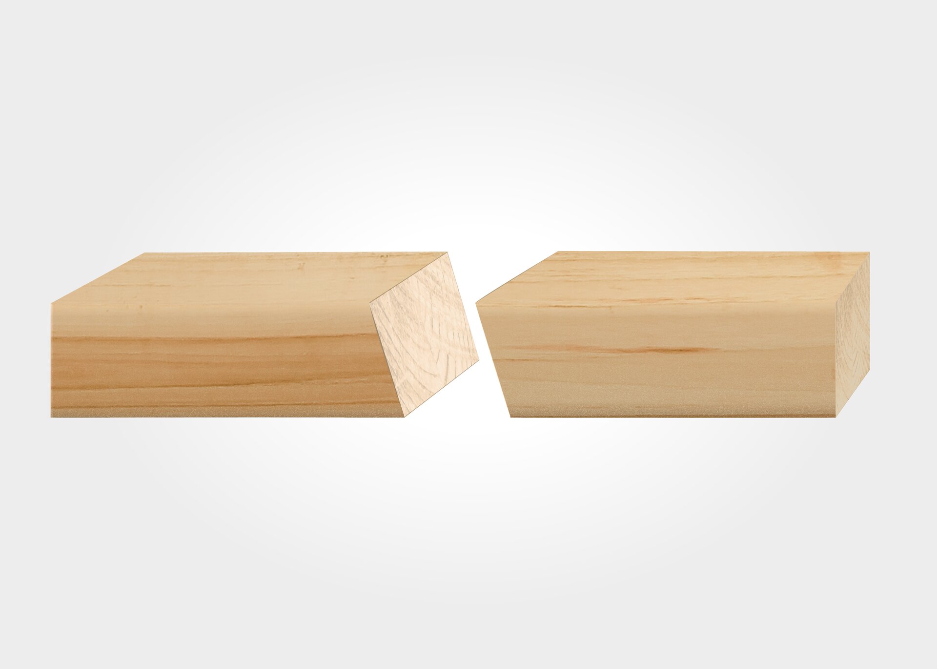 Grafika przedstawia złącze wrębowe na styk ukośny. Dwa elementy łączą się, stykając powierzchnią przekroju, która przebiega pod kątem względem osi elementu.