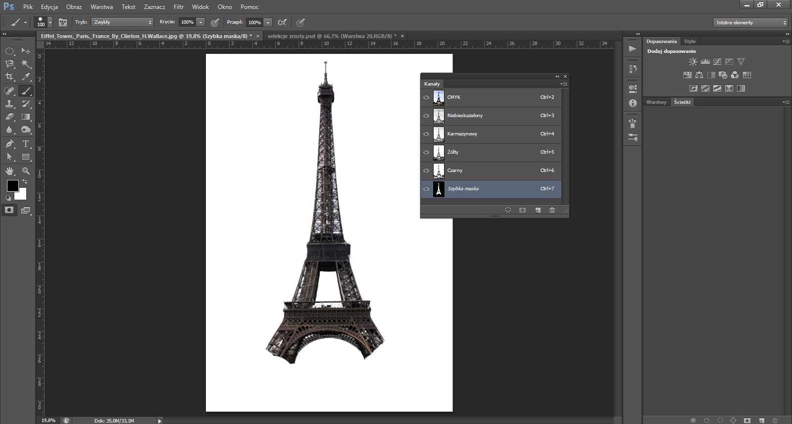 Ilustracja przedstawiając interfejs programu Photoshop. W obszarze roboczym znajduje się wieża Eiffla na białym tle. Obok znajduje się panel Kanały, gdzie zaznaczona jest warstwa Szybka maska. 