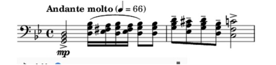 Ilustracja przedstawia zapis nutowy na pięciolinii utworu Siergieja Prokofiewa, „Piotruś i wilk”, temat wilka – rogi.