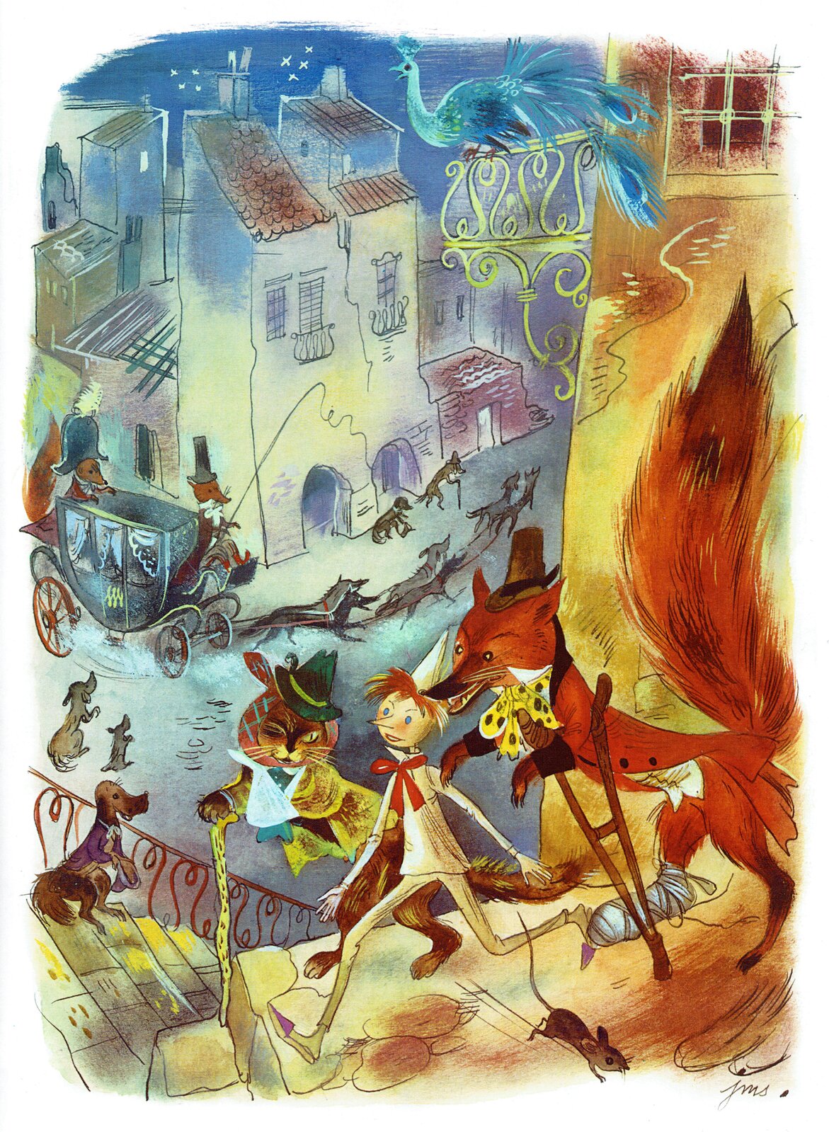 Ilustracja przedstawia pracę Jana Marcina Szancera z książki Carla Collodiego "Pinokio". Ukazuje widok z góry na miasteczko od strony kamiennego budynku, na którego murach idzie kot w kapeluszu ze złamaną ręką i Pinokio w stożkowatym kapeluszu. Za nimi podąża rudy lis o kulach. W dole ukazany jest widok na ulicę, po której jedzie dorożka zaprzężona w psy. Na balkonie u góry siedzi niebieski paw. Scena w głębi jest oświetlona, z ciemności wyłaniają się ściany budynków, a na granatowym niebie świecą gwiazdy.