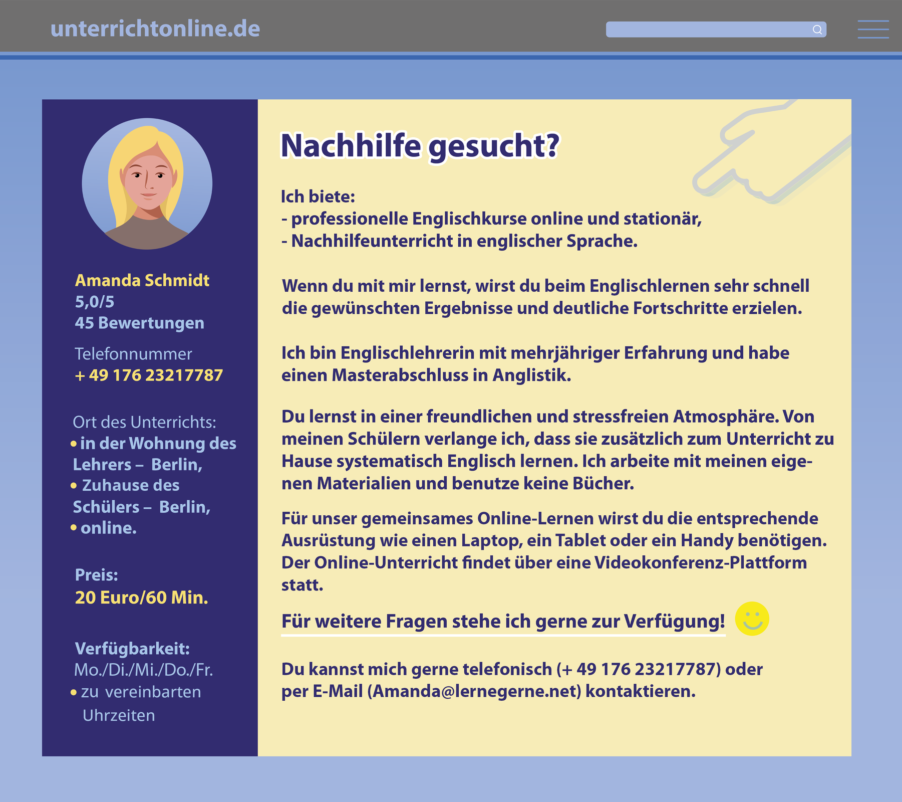 Ilustracja przedstawia ogłoszenie nauczycielki języków. W lewym górnym rogu widoczne jest zdjęcie profilowe. Transkrypcja dostępna jest poniżej. 