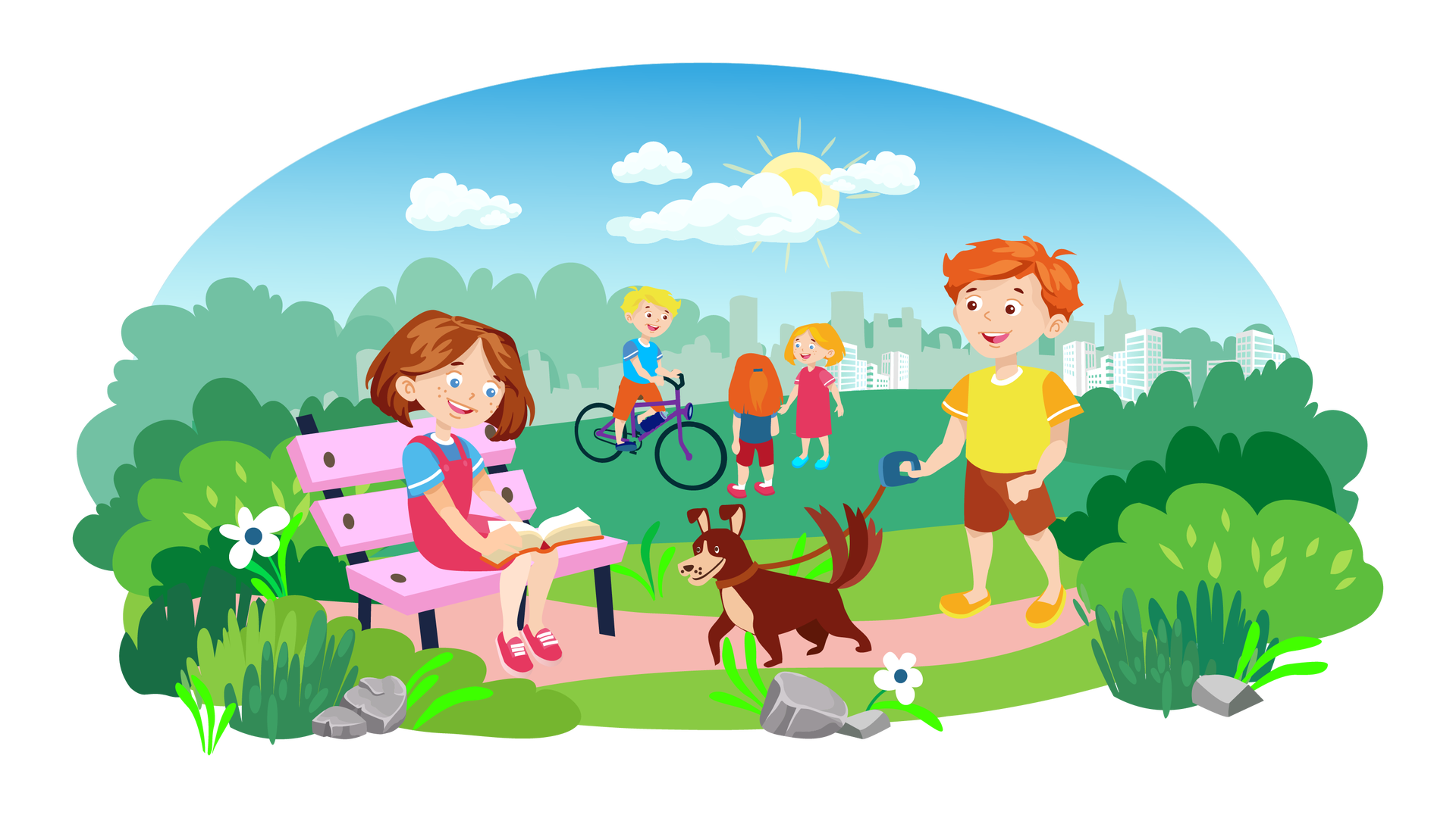 Ilustracja przedstawia podmiejski park. W tle widać błękitne niebo ze słońcem i chmurami oraz zarys wysokich miejskich budynków. Dookoła rozciąga się teren porośnięty zielenią. Na pierwszym planie leży kilka szarych kamieni. Rosną tam również dwa białe kwiaty. Na drugim planie znajduje się ścieżka. Po jej lewej stronie stoi różowa ławka, na której siedzi Maja. Jest ubrana w niebieską koszulkę z krótkimi błękitnymi rękawami, krótkie ciemnoróżowe spodnie ogrodniczki i ciemnoróżowe buty z białymi sznurówkami. Czyta książkę, która leży otwarta na jej kolanach. Po prawej stronie, po ścieżce, idzie Franek. Jest ubrany w żółtą koszulkę z krótkimi pomarańczowymi rękawami, krótkie brązowe spodnie i pomarańczowe buty z żółtymi podeszwami. W prawej ręce trzyma granatowo‑brązową smycz, na której prowadzi ciemnobrązowego psa. Pies patrzy na Maję i macha ogonem. W oddali, na zielonej polanie, jest jeszcze troje dzieci. Po lewej stronie widać blondwłosego chłopca na fioletowym rowerze. Chłopiec jest ubrany w błękitną koszulkę z krótkimi niebieskimi rękawami, krótkie ciemnopomarańczowe spodnie i granatowe buty. Obok niego stoi tyłem rudowłosa dziewczynka. Jest ubrana w granatową koszulkę z krótkimi niebieskimi rękawami, krótkie bordowe spodnie, białe skarpety i ciemnoróżowe buty. Po prawej stronie stoi blondwłosa dziewczynka. Jest ubrana w ciemnoróżową sukienkę z krótkimi różowymi rękawami i błękitne buty.