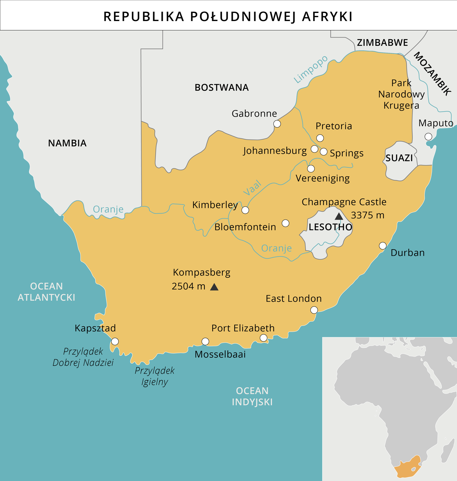 Mapa konturowa przedstawia obszar Republiki Południowej Afryki, usytuowany centralnie na południowym krańcu Afryki, z głównymi ośrodkami: Gabronne, Pretoria, Johannesburg, Springs, Vereeniging, Kimberley, Bloemfontein, East London, Port Elizabeth, Mosselbaai i Kapsztad. Na mapie uwidoczniono również najbardziej wysunięte na południe dwa przylądki: Przylądek Igielny i Przylądek Dobrej Nadziei. Zaznaczono również dwa szczyty: Champagne Castle o wysokości 3375 m oraz Kompasberg o wysokości 2504 m. W północno‑wschodniej części kraju znajduje się Park Narodowy Krugera. Centralna część państwa leży w dorzeczach rzek: Vaal i Oranje. Od zachodu, wschodu i południa naturalnymi granicami RPA są wody Oceanu Atlantyckiego i Oceanu Indyjskiego