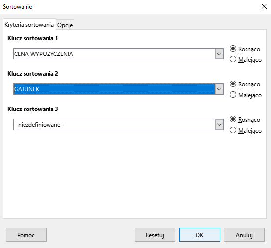 Ilustracja przedstawia okno dotyczące Sortowania. W opcji Kryteria sortowania jest Klucz sortowania 1, z listy wybrano: Cena wypożyczenia, a następnie zaznaczono: Rosnąco. W Kluczu sortowania 2 z listy wybrano: Gatunek. Zaznaczono: Rosnąco. Klucz sortowania 3 wybrano: niezdefiniowane. Wybrano: Rosnąco. Na dole okna wybrano przycisk OK. 
