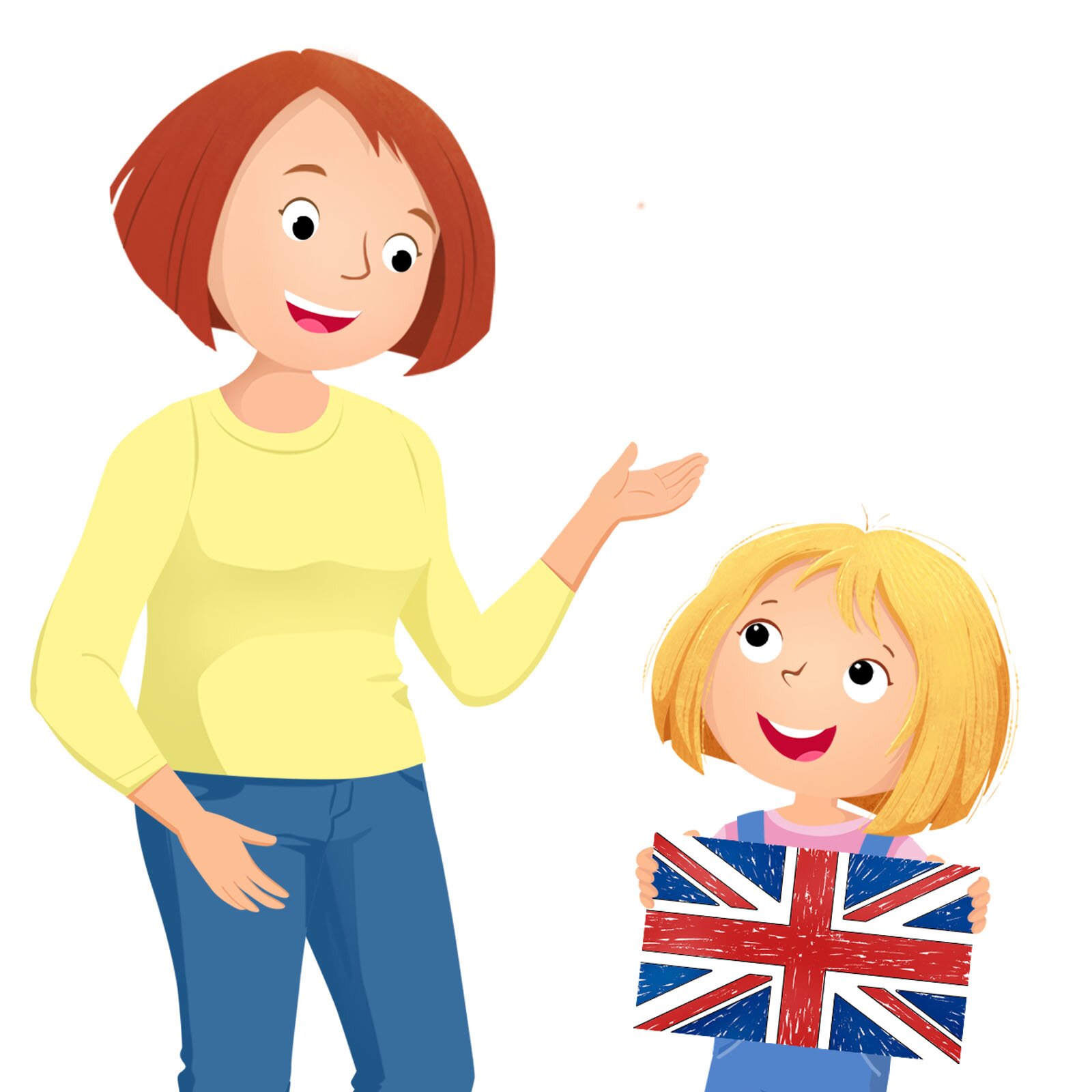 Ilustracja przedstawia nauczycielkę i Sophie trzymającą flagę Wielkiej Brytanii.