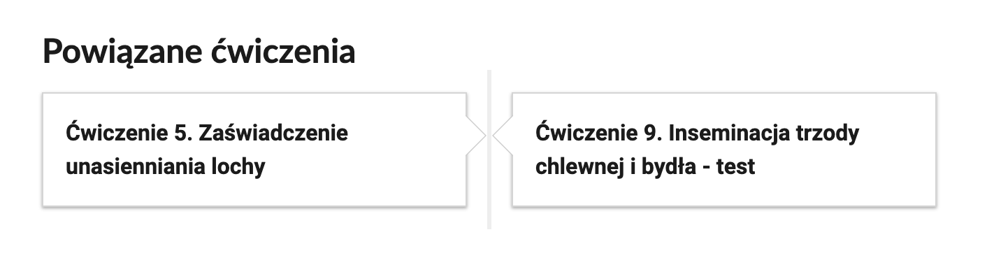 Grafika przedstawia widok przykładowego przycisku ćwiczeń powiązanych z danym multimedium. Znajdują się na niej dwa kafelki z numerem i tytułem ćwiczenia. Kafelek pierwszy. Ćwiczenie piąte. Zaświadczenie unasienniania lochy. Kafelek drugi. Ćwiczenie dziewiąte. Inseminacja trzody chlewnej i bydła – test.