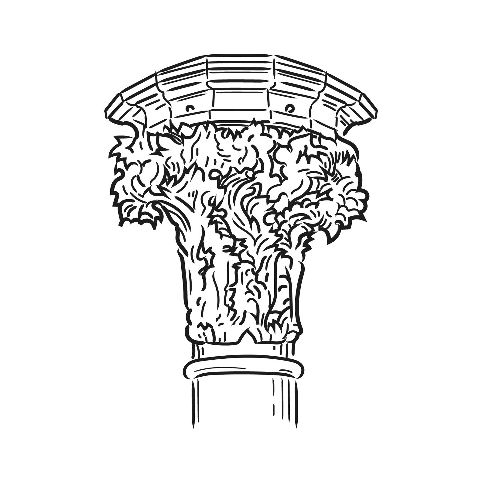 Ilustracja przedstawia głowicę z suchymi liśćmi, której ornamenty na górnej części filaru przypominają kształtem wysuszone liście drzew.