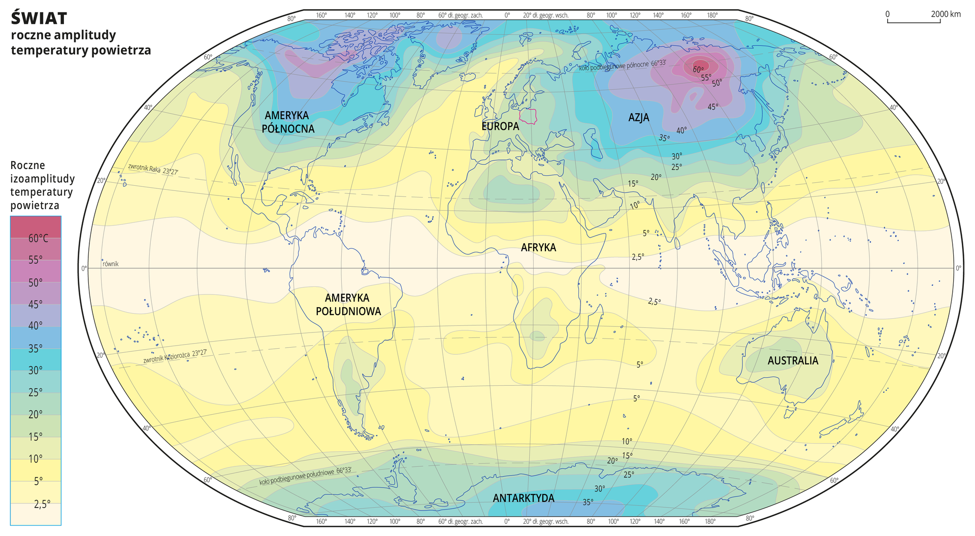 Mapa świata przedstawia roczne amplitudy temperatury powietrza. Powyżej 60 stopni Celsjusza występują w północnej Ameryce Północnej oraz w środkowo północnej Azji. Od 45 do 60 stopni Celsjusza występują na tych samych terenach. Od 40 do 45 stopni Celsjusza występują w środkowej Azji, północnej Ameryce Północnej oraz na Grenlandii. Od 35 do 40 stopni Celsjusza występują w centralnej i wschodniej Azji, centralnej Ameryce Północnej, centralnej Antarktydzie. Od 30 do 35 stopni Celsjusza występują na Antarktydzie, centralnej Ameryce Północnej i Azji. Od 25 do 30 stopni Celsjusza występują w centralnej Ameryce Północnej, południowej Azji, w Europie, północnej Afryce, centralnej Australii. Od 20 do 25 stopni Celsjusza występują na tych samych terenach. Od 15 do 20 stopni Celsjusza występują w południowej Ameryce Południowej, południowej Ameryce Północnej, w Europie, w południowej Azji, w południowej i północnej Afryce. Od 10 do 15 stopni Celsjusza występują na wybrzeżach Antarktydy, południowej Azji. Wartości od 2,5 do 10 stopni Celsjusza występują głównie na oceanach. Wartości poniżej 2,5 stopnia Celsjusza występują w okolicach równika.