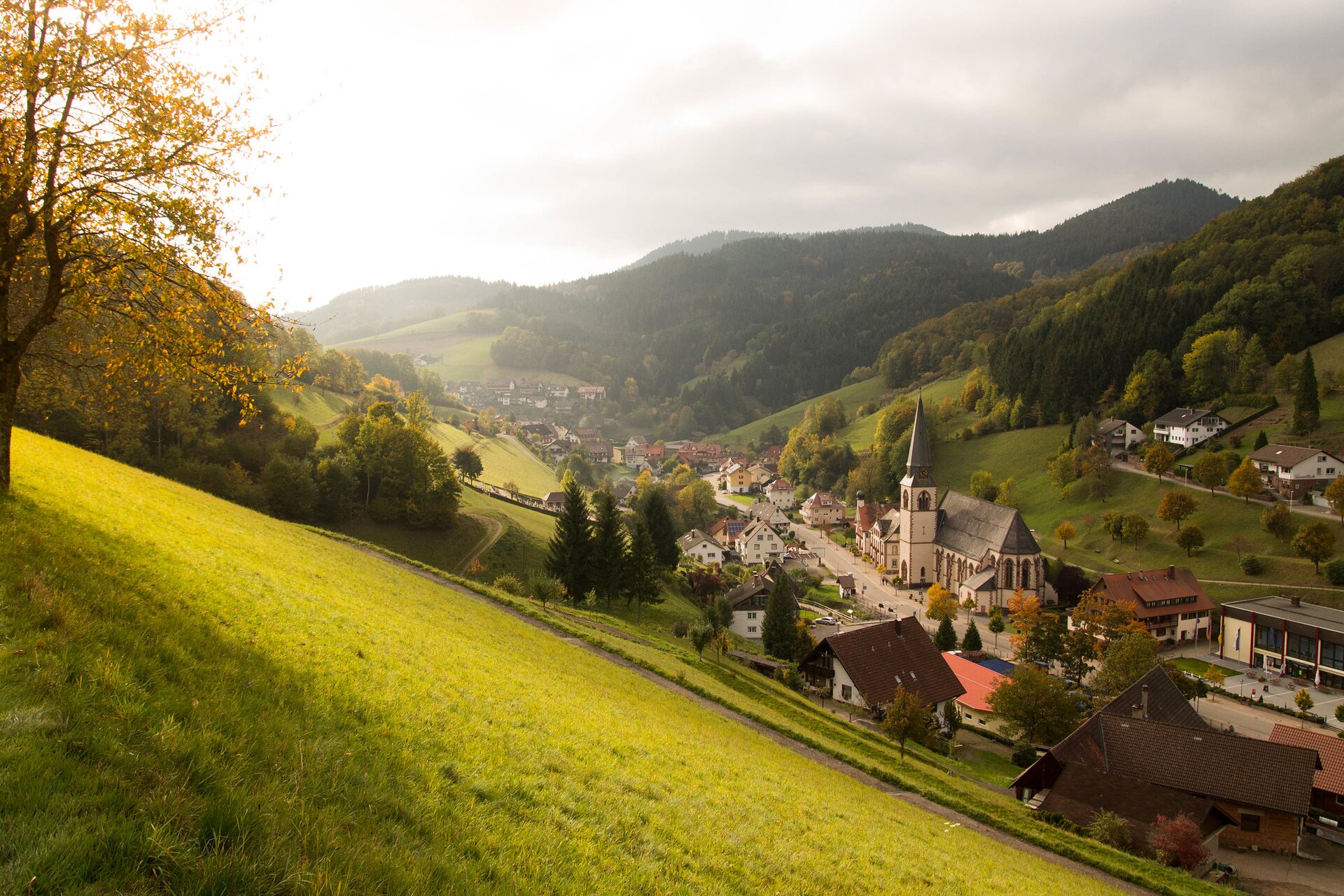 Ilustracja przedstawia tzw. łańcuchówkę, czyli wieś usytuowaną przy drodze. Kościół, najważniejsze budynki urzędowe i sklepy znajdują się wzdłuż ulicy.