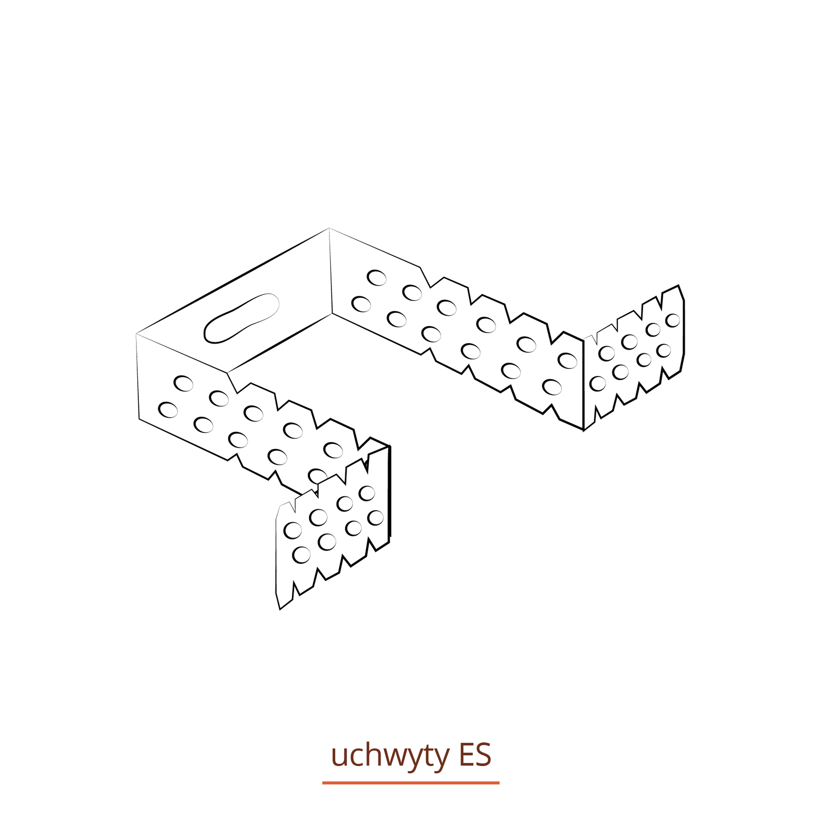Rysunek przedstawia uchwyt ES. Płaszczyzna uchwytu pokryta jest otworami. Uchwyt jest wygięty w kilku miejscach pod kątem 90 stopni.

Opisy prezentowanych na grafikach obiektów są załączone w treści.
