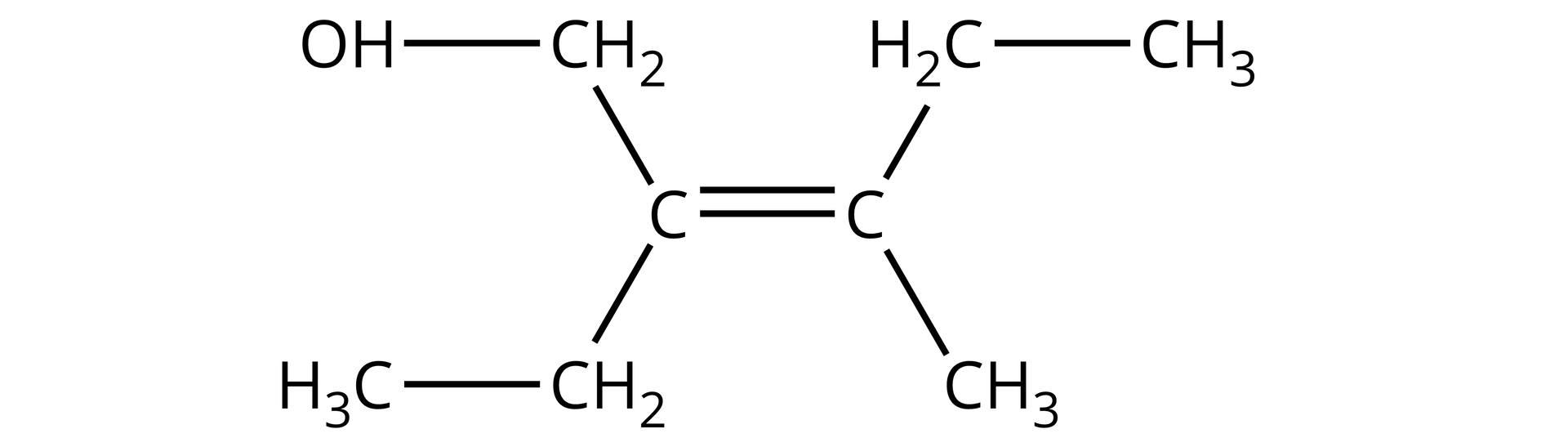 Ilustracja przedstawiająca alken. Pierwszy atom węgla znajdujący się przy wiązaniu podwójnym podstawiony jest grupą etylową CH2CH3 oraz grupą CH2OH. Drugi atom węgla przy wiązaniu podwójnym łączy się z grupą etylową CH2CH3 oraz z grupą metylową CH3.