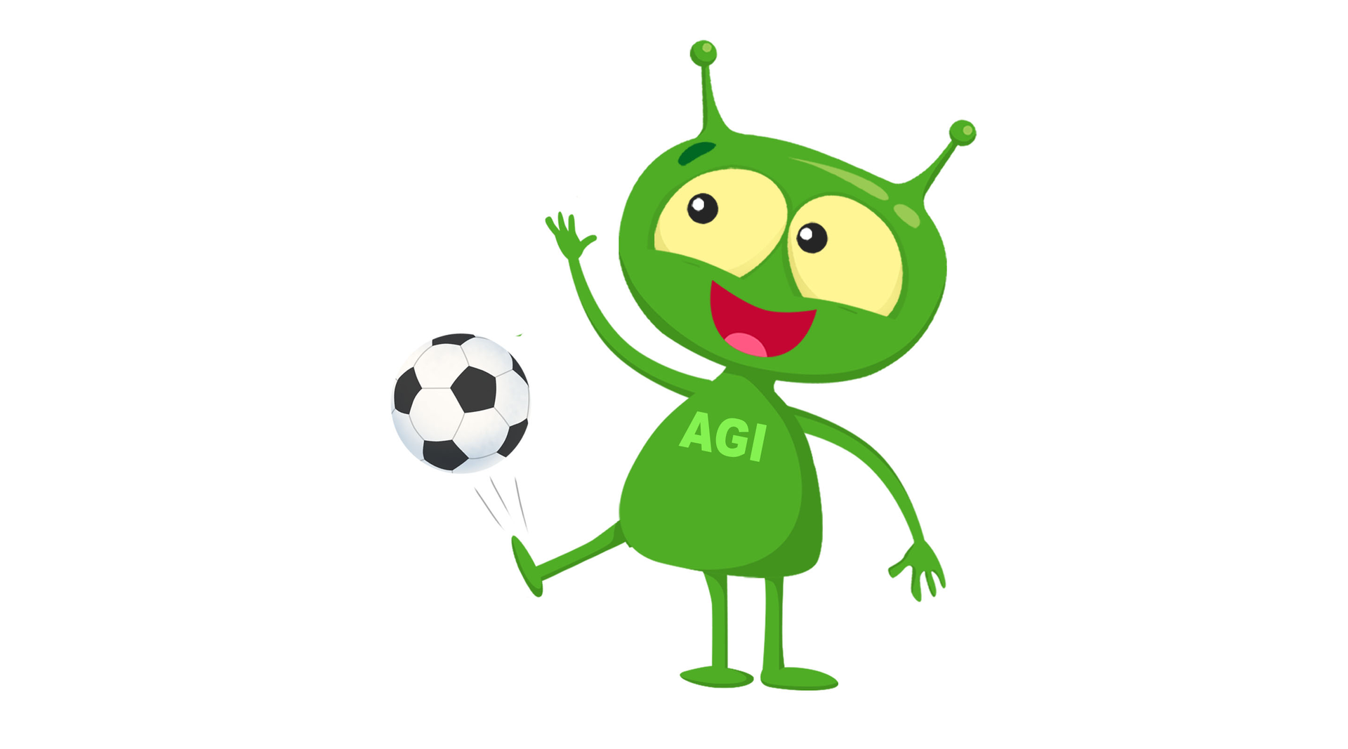 Ilustracja przedstawia szczęśliwego ufoludka kopiącego piłkę