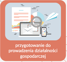 Grafika przedstawia widok przykładowego okienka z tekstem i ilustracją. Okienko ma kształt prostokąta z zaokrąglonymi wierzchołkami. Ma kolor pomarańczowy. Wewnątrz znajduje się ilustracja przedstawiająca ikonki listu, laptopa i smartfona. Poniżej znajduje się tekst: przygotowanie do prowadzenia działalności gospodarczej.