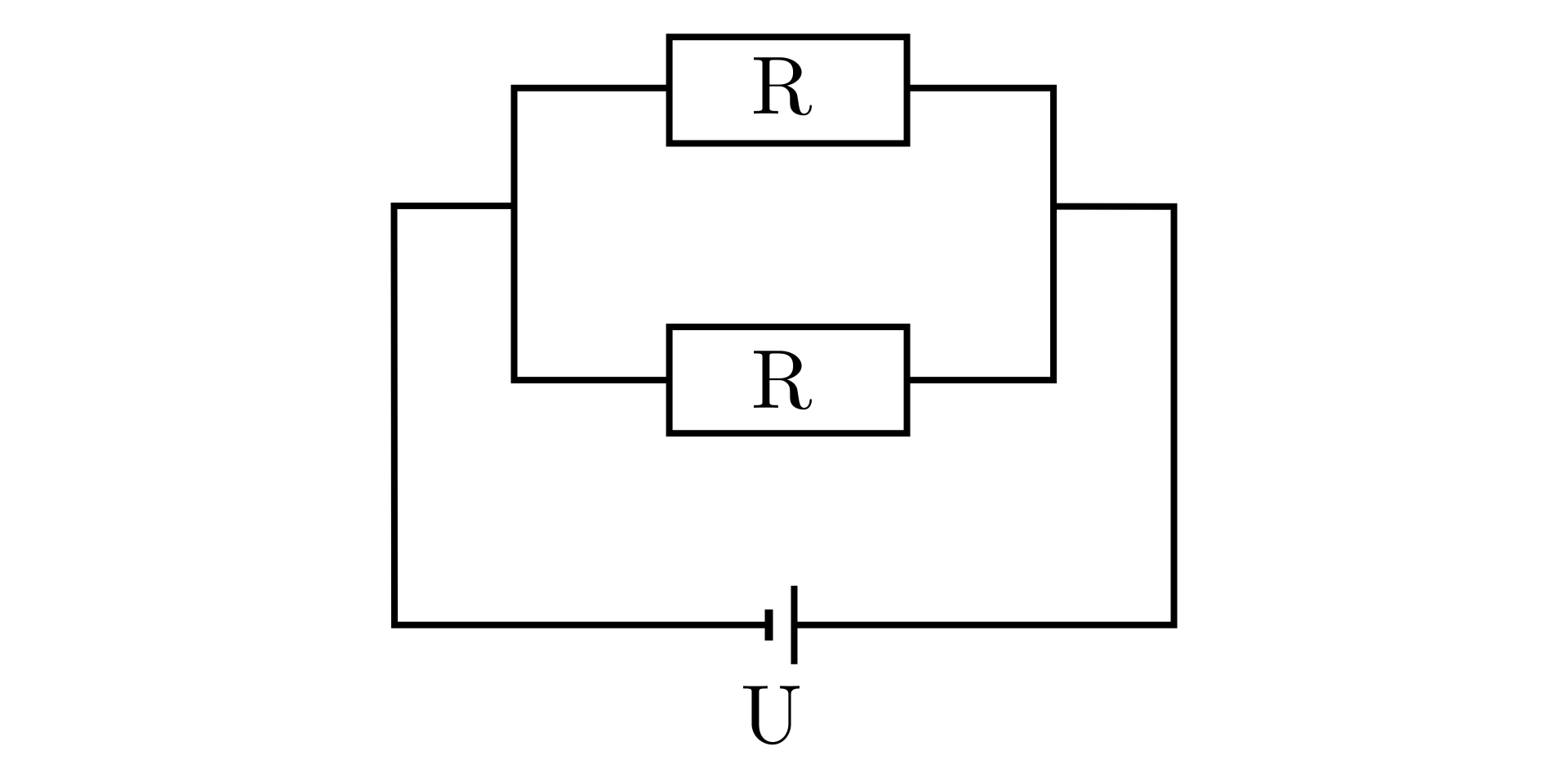 Ilustracja przedstawia schemat połączenia równoległego dwóch oporników o oporze er. Ich wyjścia są połączone za pomocą przewodów z dwóch stron (lewe z lewym, prawe z prawym), a napięcie jest przyłożone do połączonych końcówek (jeden biegun do jednej, drugi biegun do drugiej).