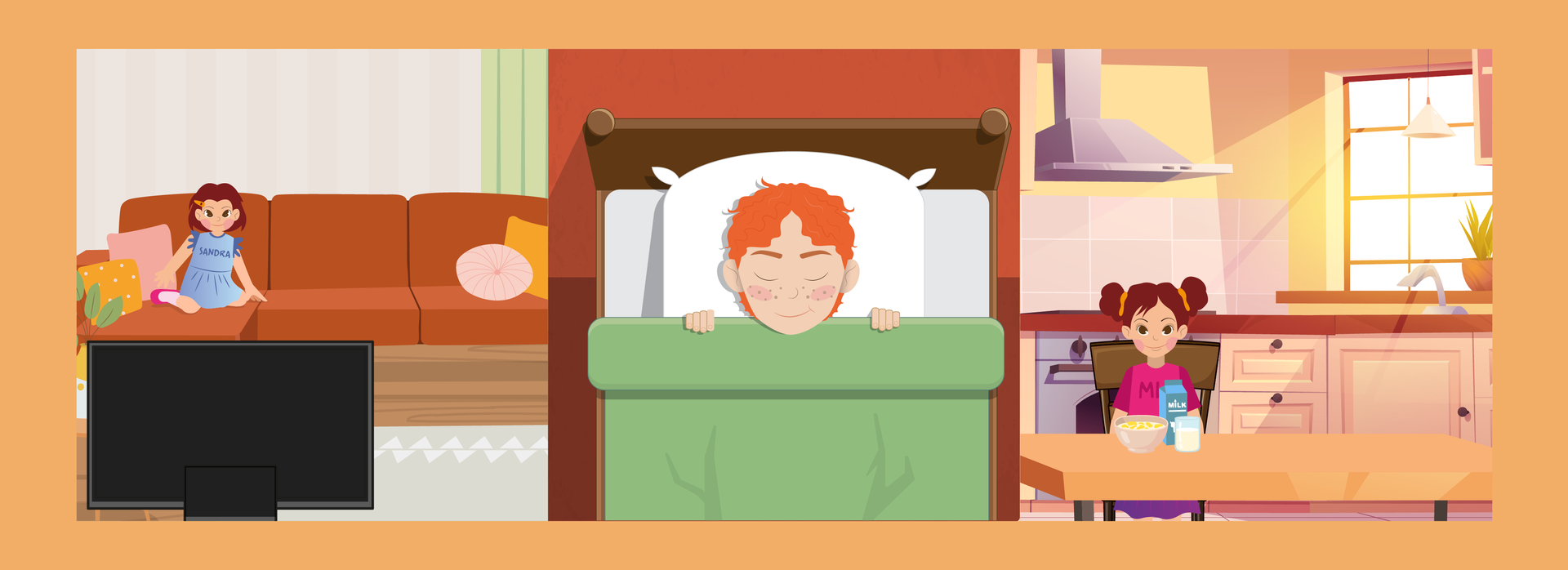 Ilustracja składa się z trzech obrazków. Od lewej obrazek nr 1 widoczna Sandra siedząca na sofie, przed telewizorem. Obrazek nr 2 Patrick śpi w łóżku. Obrazek nr 3 Mia siedzi w kuchni, przy blacie i przygotowuje sobie płatki z mlekiem.
