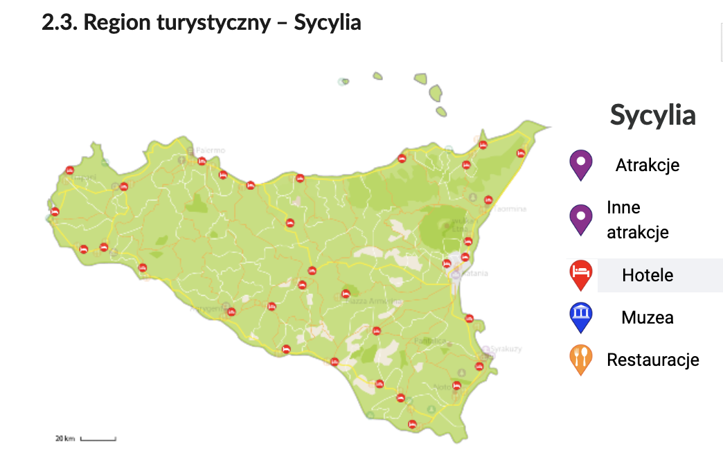 Mapa w kolorze zielonym. Tytuł: Sycylia. Pod tytułem: znacznik fioletowy - atrakcje, drugi znacznik fioletowy - inne atrakcje, znacznik czerwony - hotele, znacznik niebieski - muzeum, znacznik pomarańczowy - restauracje. Odpowiednie punkty zaznaczone na mapie.