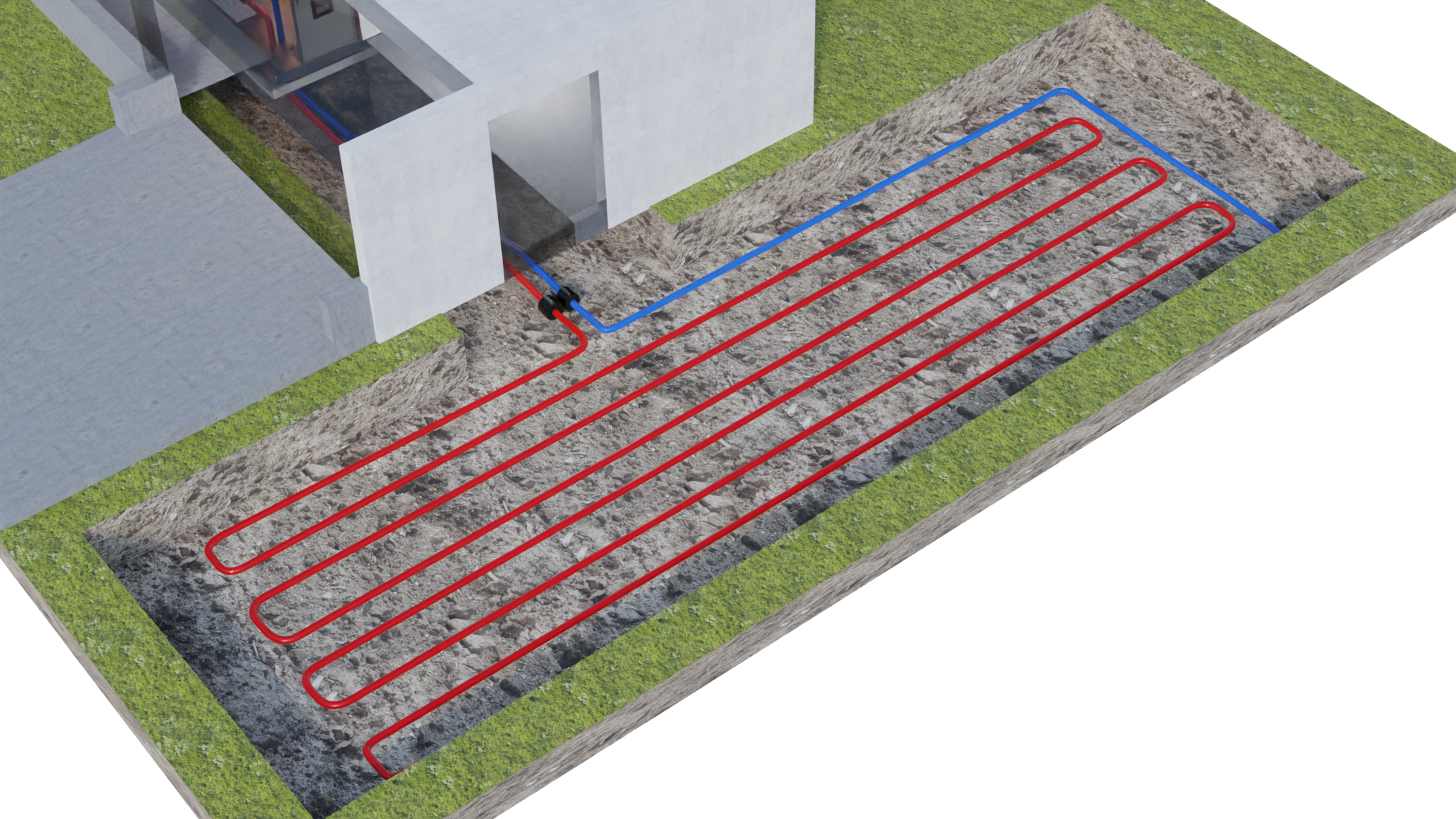 Grafika ilustrująca kolektor poziomy w wykopie basenowym. W prostokątnym wykopie umieszczono instalację grzewczą, której czerwony przewód rozkłada się spiralnie w dnie wykopu i przechodzi w kolor niebieski, zawracając równolegle do miejsca wpustowego.