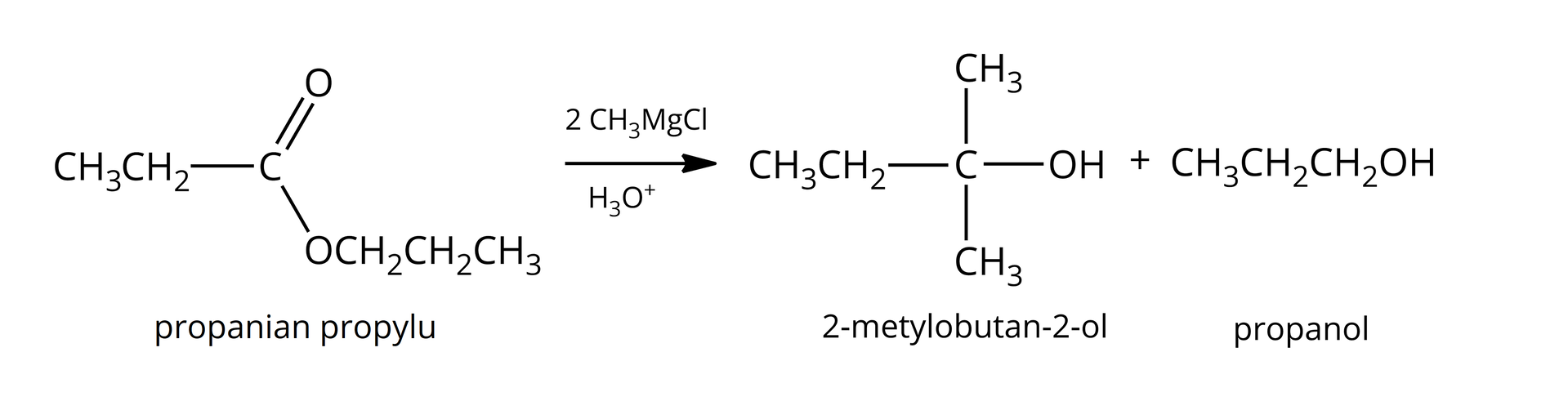 Ilustracja przedstawiająca reakcję propionianu propylu ze związkiem Grignarda, w wyniku której powstaje 2-metylobutan-2-ol oraz propanol. Cząsteczka propionianu propylu zbudowanego z grupy CH3 połączonej z grupą CH2, która to związana jest z atomem węgla połączonym za pomocą wiązania podwójnego z atomem tlenu oraz za pomocą wiązania pojedynczego z drugim atomem tlenu podstawionym grupą propylową CH2CH2CH3. Strzałka w prawo, nad strzałką dwie cząsteczki CH3MgCl, a poniżej jon hydroniowy. Za strzałką cząsteczka 2-metylobutan-2-olu zbudowanego z atomu węgla podstawionego grupą etylową CH2CH3, dwiema grupami metylowymi CH3 oraz grupą hydroksylową OH. Dodać cząsteczka propanolu zbudowanego z grupy propylowej CH2CH2CH3 połączonej z grupą hydroksylową OH.
