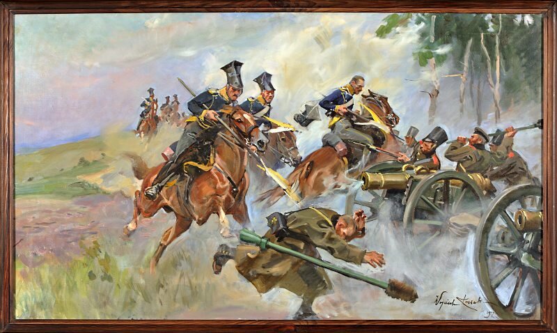 Obraz przedstawia starcie polskich ułanów z wojskiem rosyjskim. Uchwycona została konna szarża polskich żołnierzy, którzy nadciągają zza horyzontu i otaczają przerażonego wroga. Ułani ubrani są w granatowe mundury wysokie nakrycia głowy. Używają broni palnej i bagnetów. Rosjanie mają na sobie szarozielone płaszcze. Są stłoczeni z prawej strony obrazu wraz z dwiema armatami, które okazują się bezużyteczne wobec polskich sił. Wokół galopujących koni unoszą się tumany kurzu. Tło obrazu stanowi letni pejzaż - widać zielone drzewa i błękitne niebo. Scena rozgrywa się na łące. 