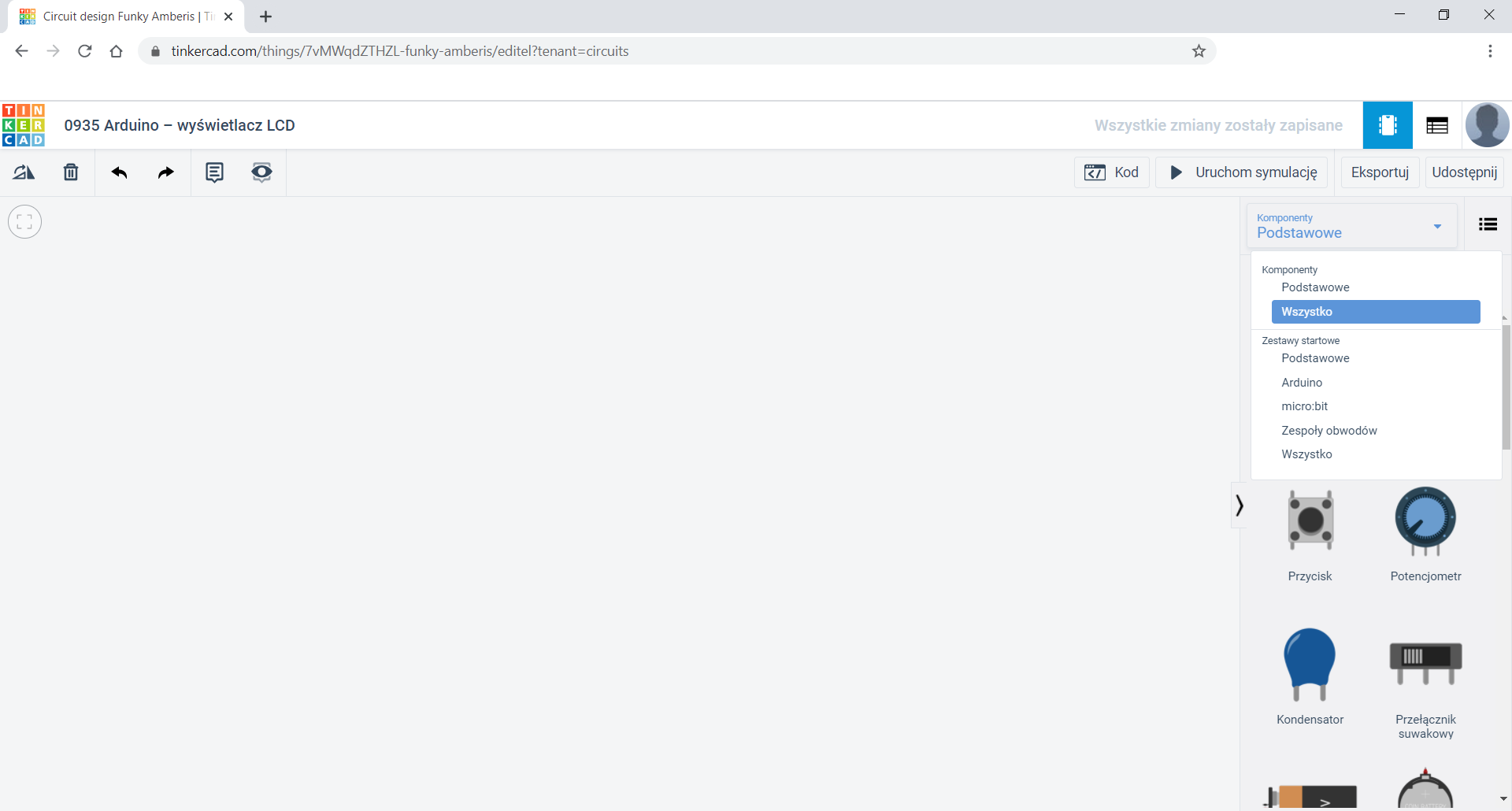 Zdjęcie ekranu przedstawia okno przeglądarki z otwartą stroną Tinkercad. Strefa pracy jest pusta. Otwarto okno dialogowe po prawej stronie zaznaczając "komponenty Wszystko".