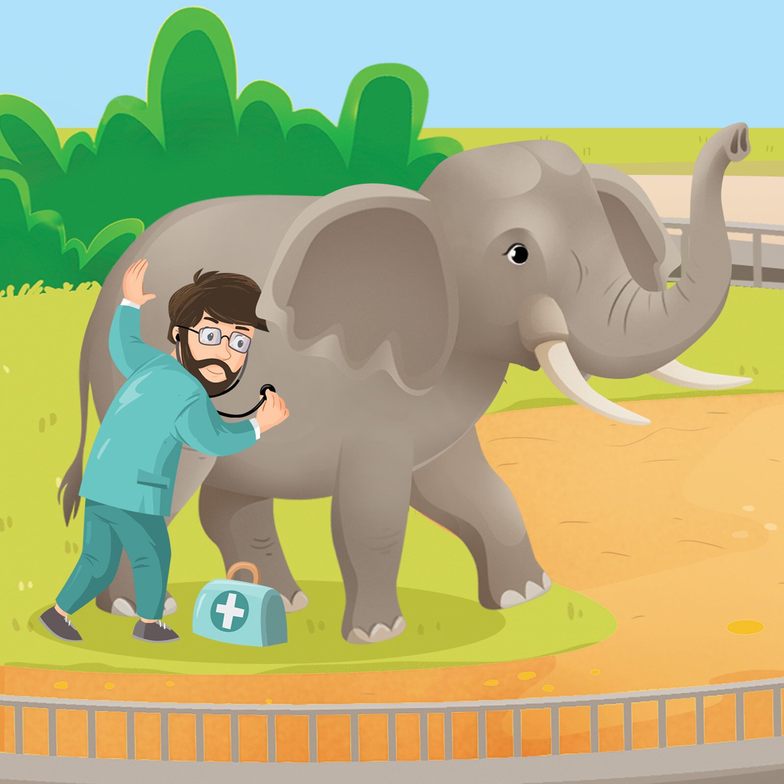 Ilustracja przedstawia weterynarza badającego słonia.